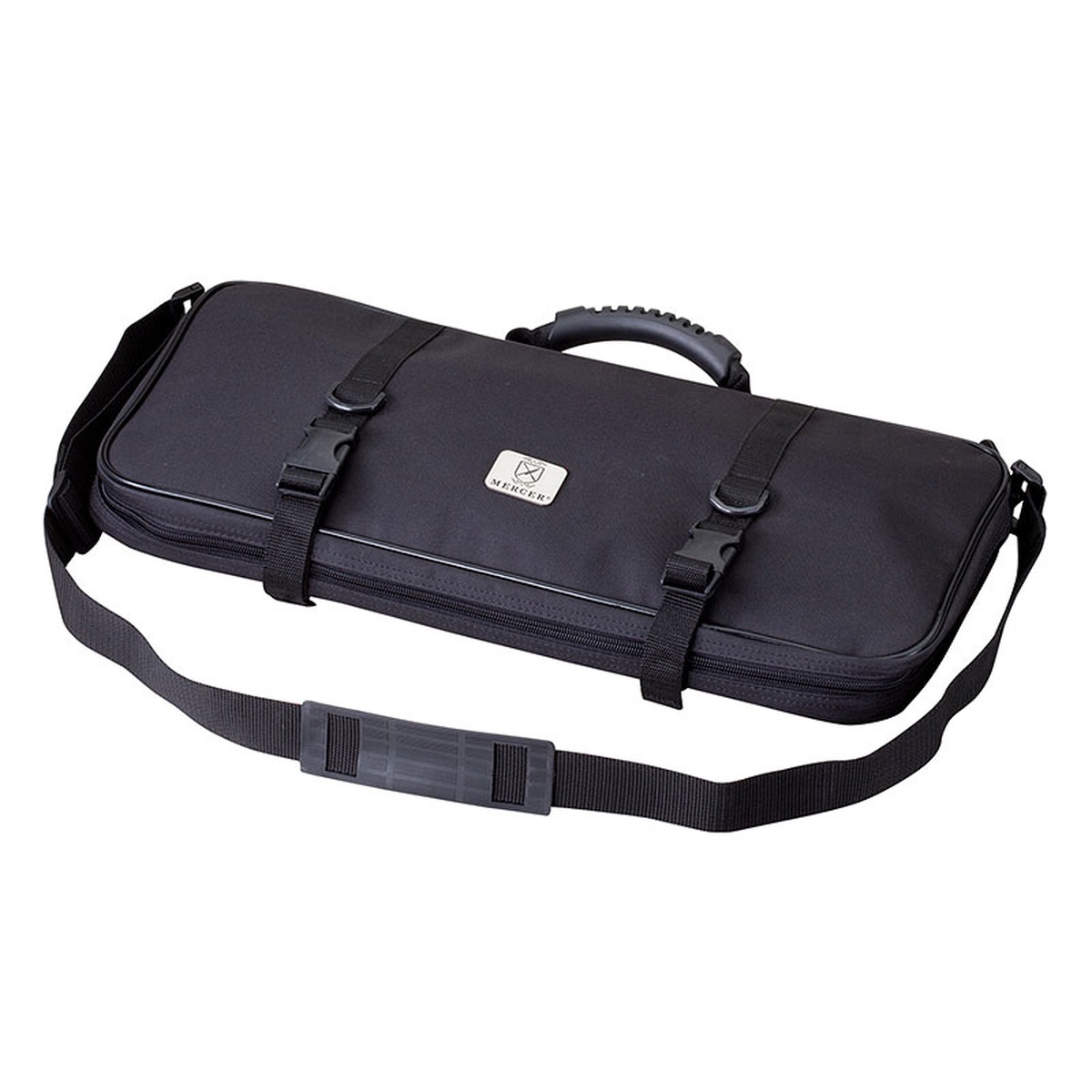 Mercer Culinary M30512M black single-zip knife case closed, showing exterior with shoulder strap and snap-lock safety straps