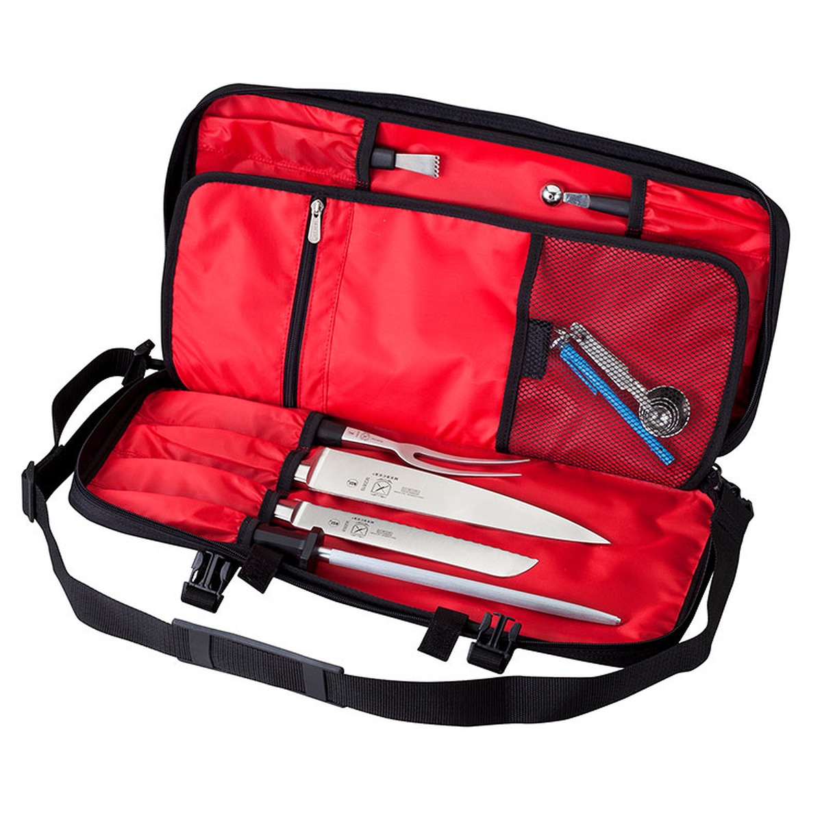 Mercer Culinary M30512M knife case open showing red nylon interior with 12 pockets, zippered compartments, mesh pocket, and knives organized inside