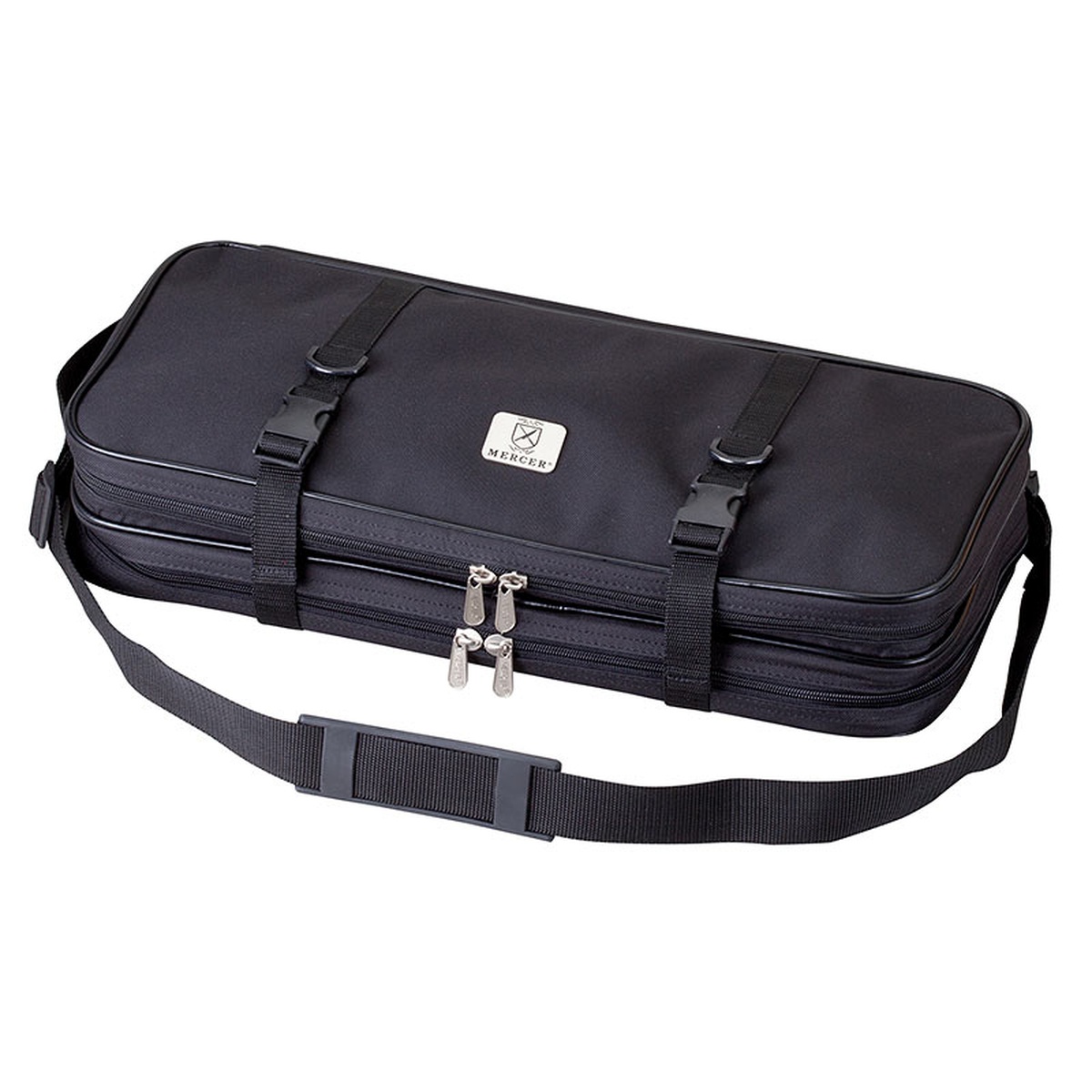 Mercer Culinary M30517M Double-Zip Knife Case closed exterior in black with shoulder strap and snap-lock safety straps