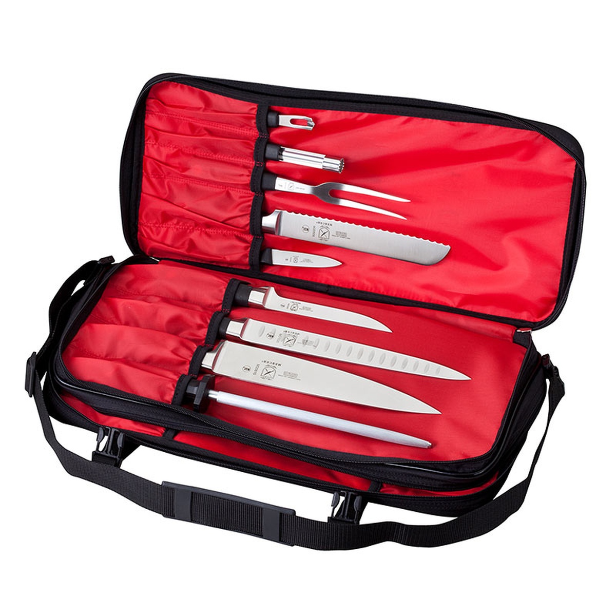 Mercer Culinary M30517M knife case open showing red interior with knives and culinary tools organized in elastic pockets