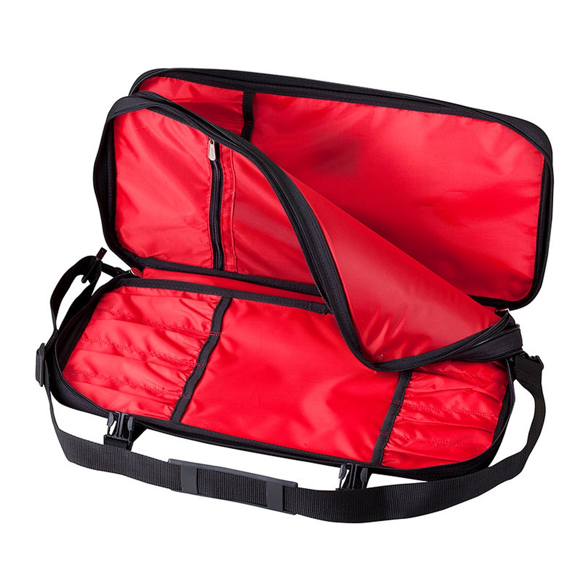 Mercer Culinary M30517M knife case fully open showing both empty red-lined zippered compartments and adjustable shoulder strap