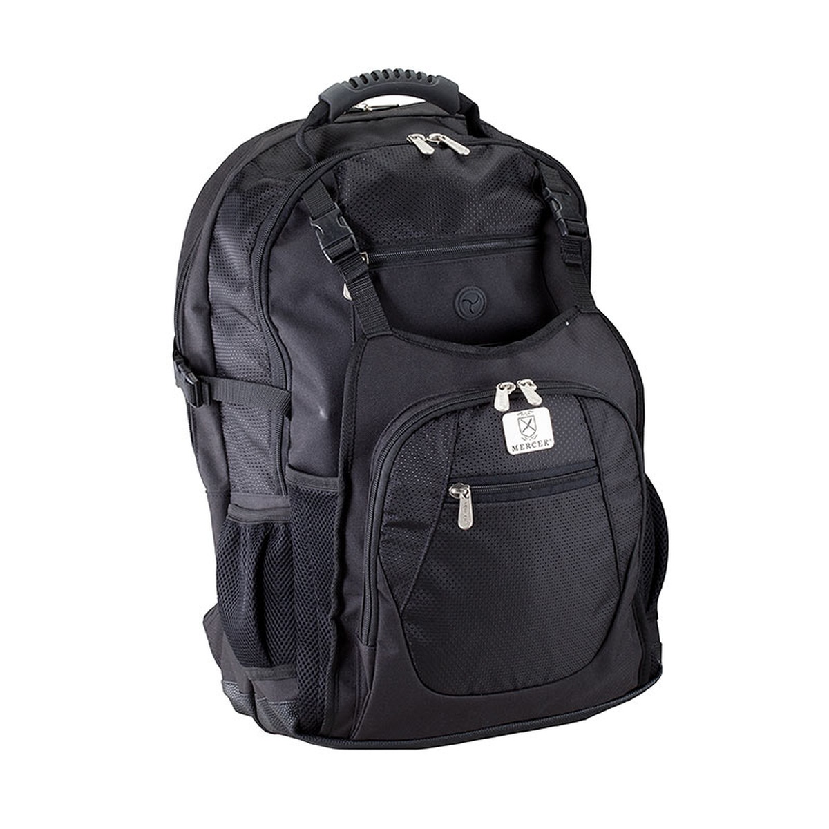 Mercer Culinary KnifePack Plus black backpack exterior with dual zippers, mesh side pocket, and Mercer badge