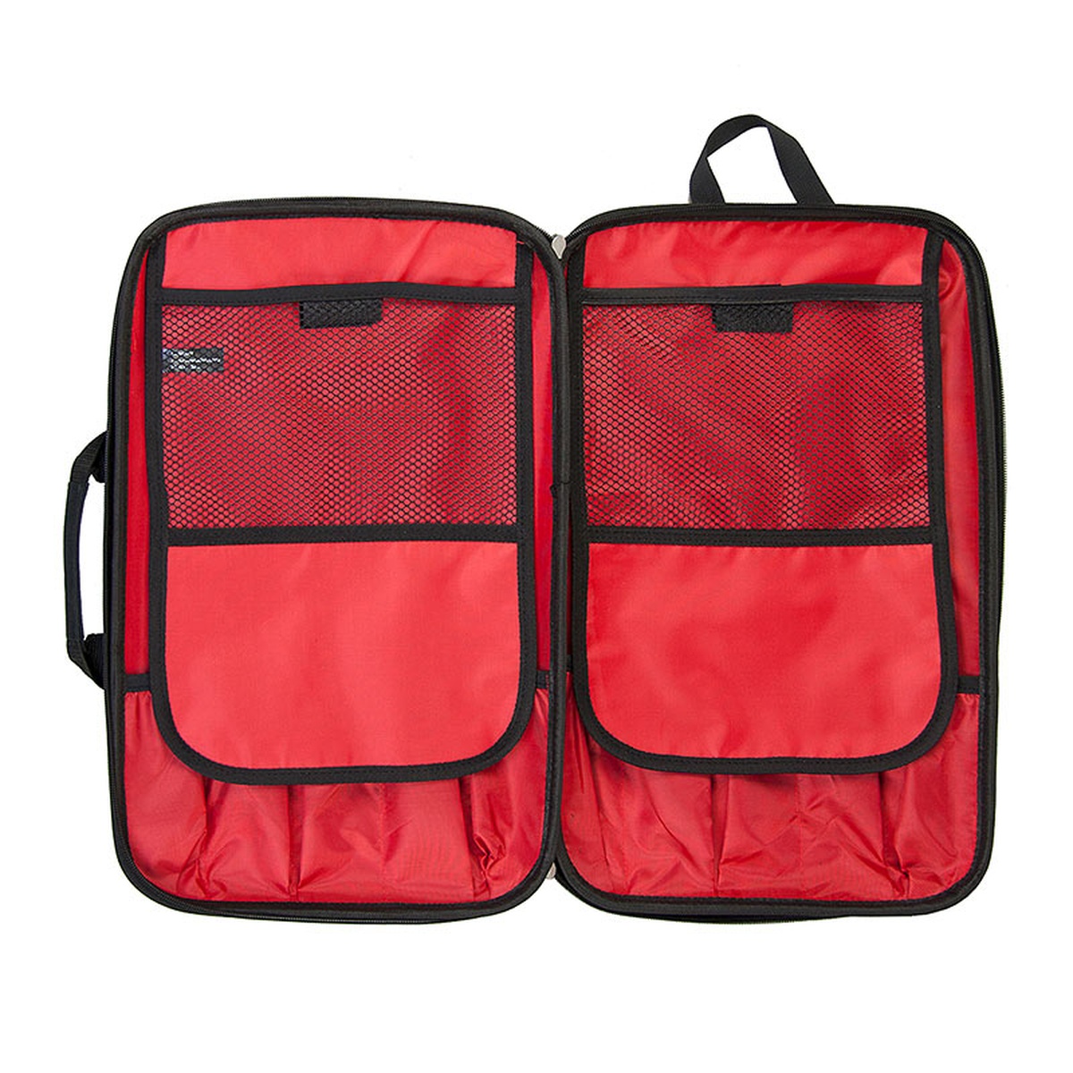 Open knife case showing red PVC-lined interior with elastic pockets and mesh panels