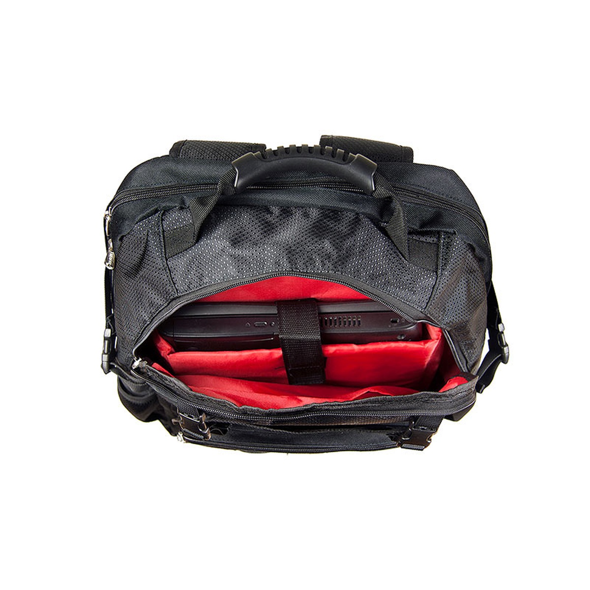 Top view of KnifePack Plus showing padded red-lined laptop compartment with laptop inserted