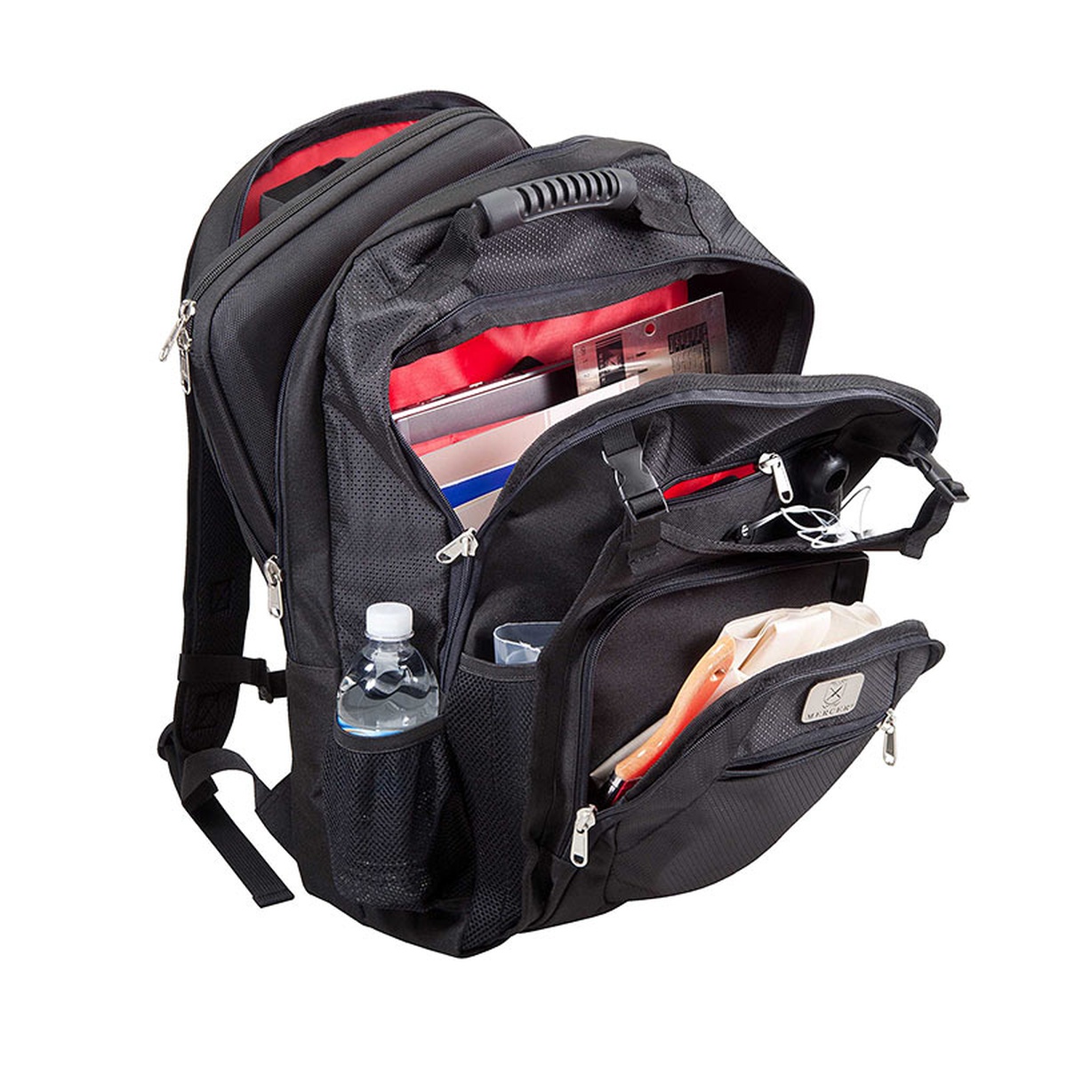 Open KnifePack Plus backpack showing three main compartments with books, mesh side bottle pocket, and red interior lining