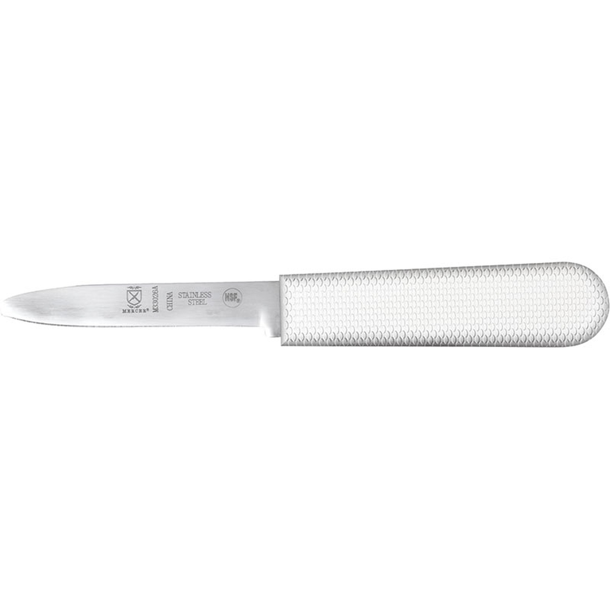 Mercer Culinary M33026A clam knife full view with white polypropylene handle and stainless steel blade