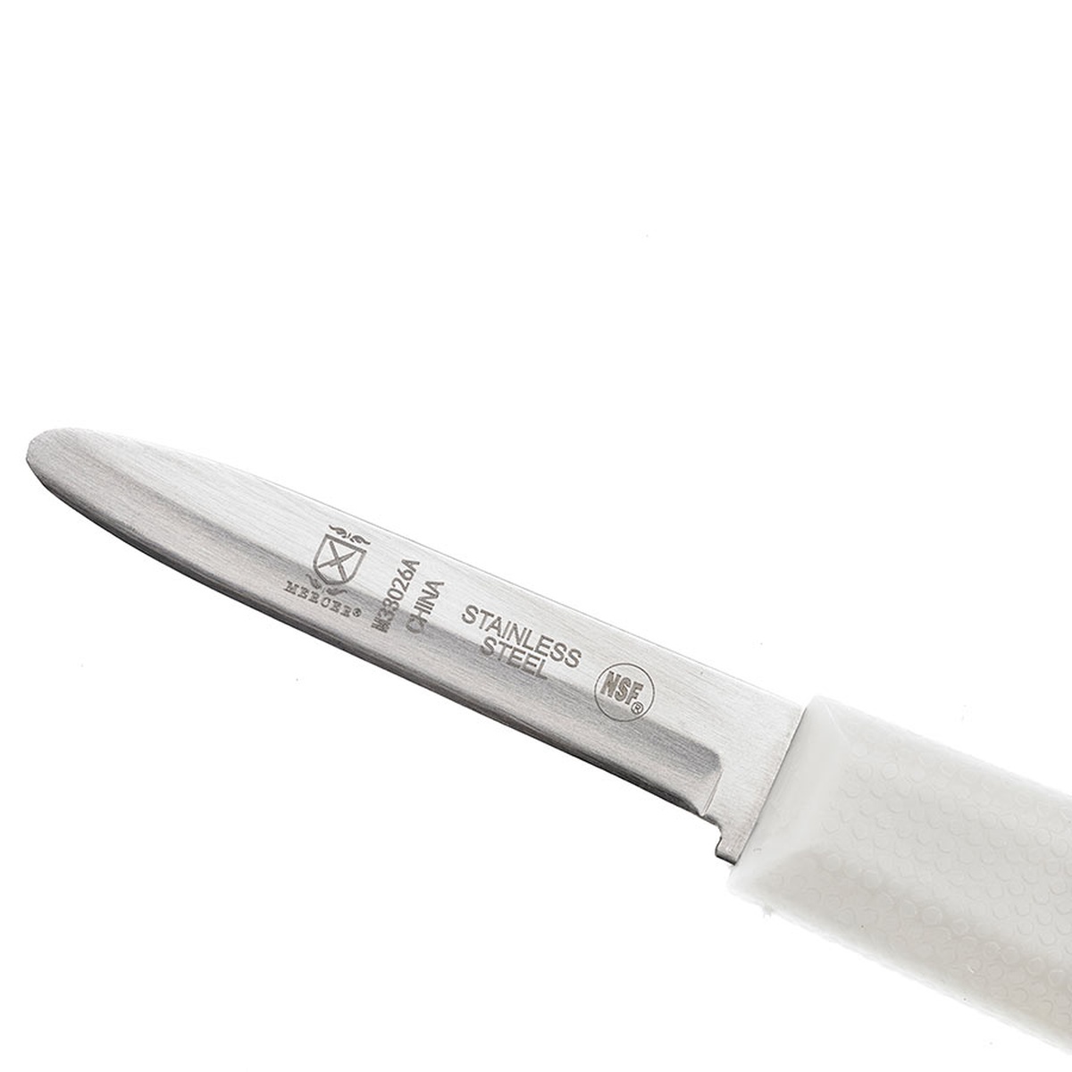 Close-up of the Mercer Culinary M33026A clam knife blade showing NSF certification and stainless steel markings