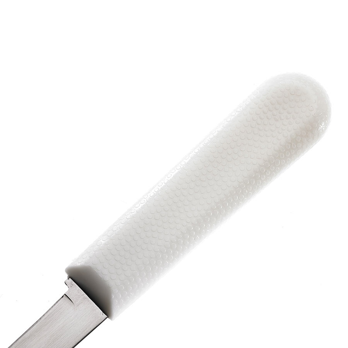 Close-up of the textured white polypropylene handle on the Mercer Culinary M33026A clam knife