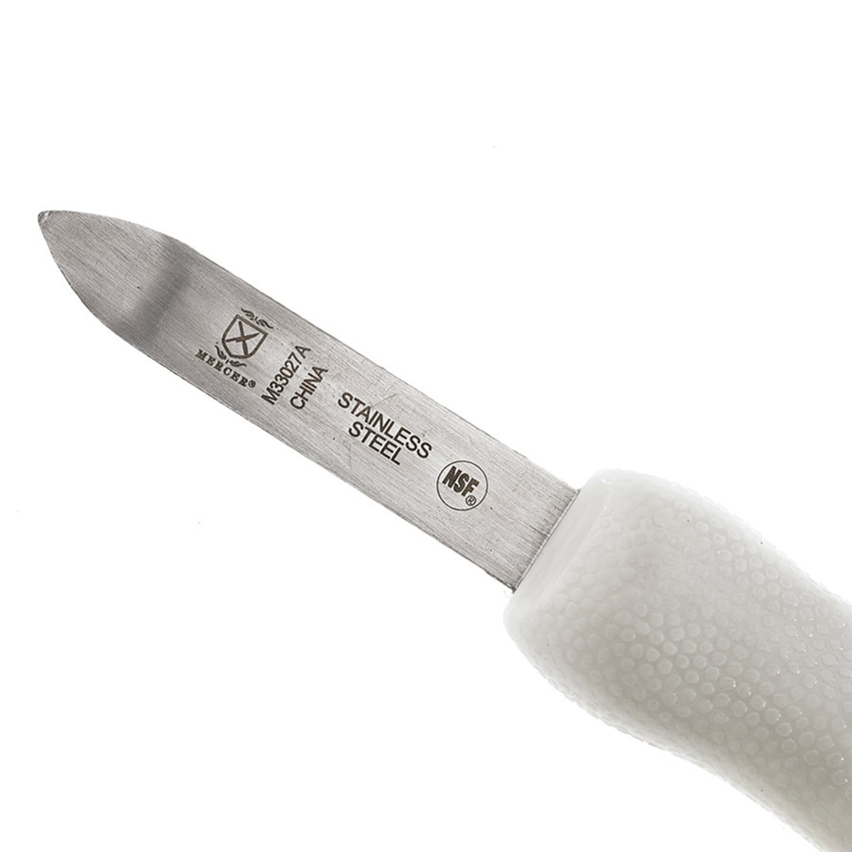 Close-up of Mercer Culinary M33027A oyster knife blade showing stainless steel etching, NSF mark, and textured handle collar