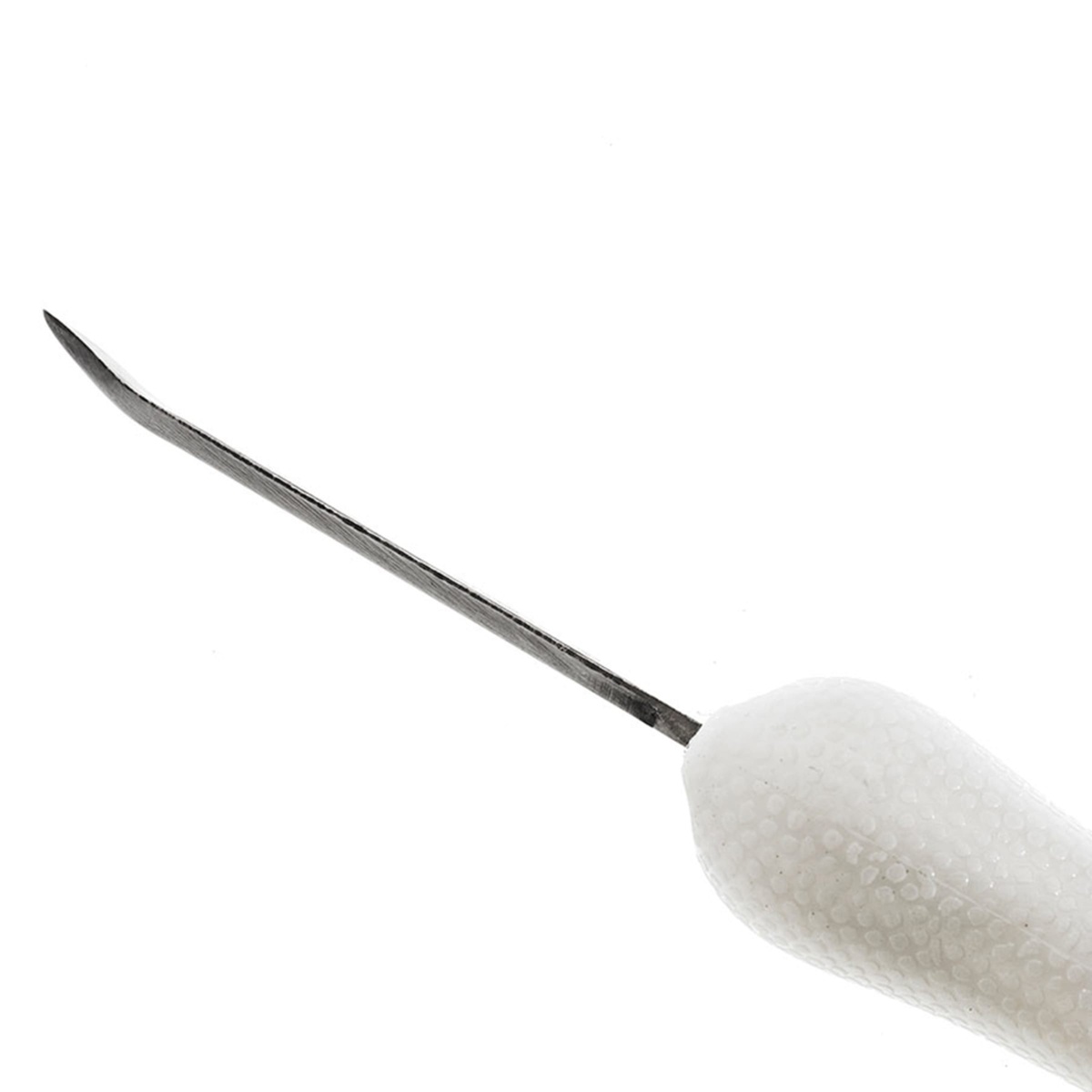 Close-up angled view of Mercer Culinary M33027A oyster knife showing the curved, bent blade tip and white textured handle