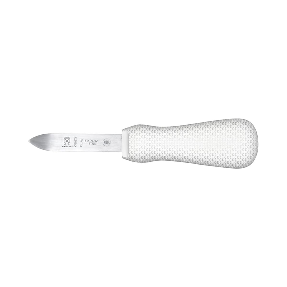 Mercer Culinary M33027A oyster knife with white textured polypropylene handle and stainless steel blade, full side view