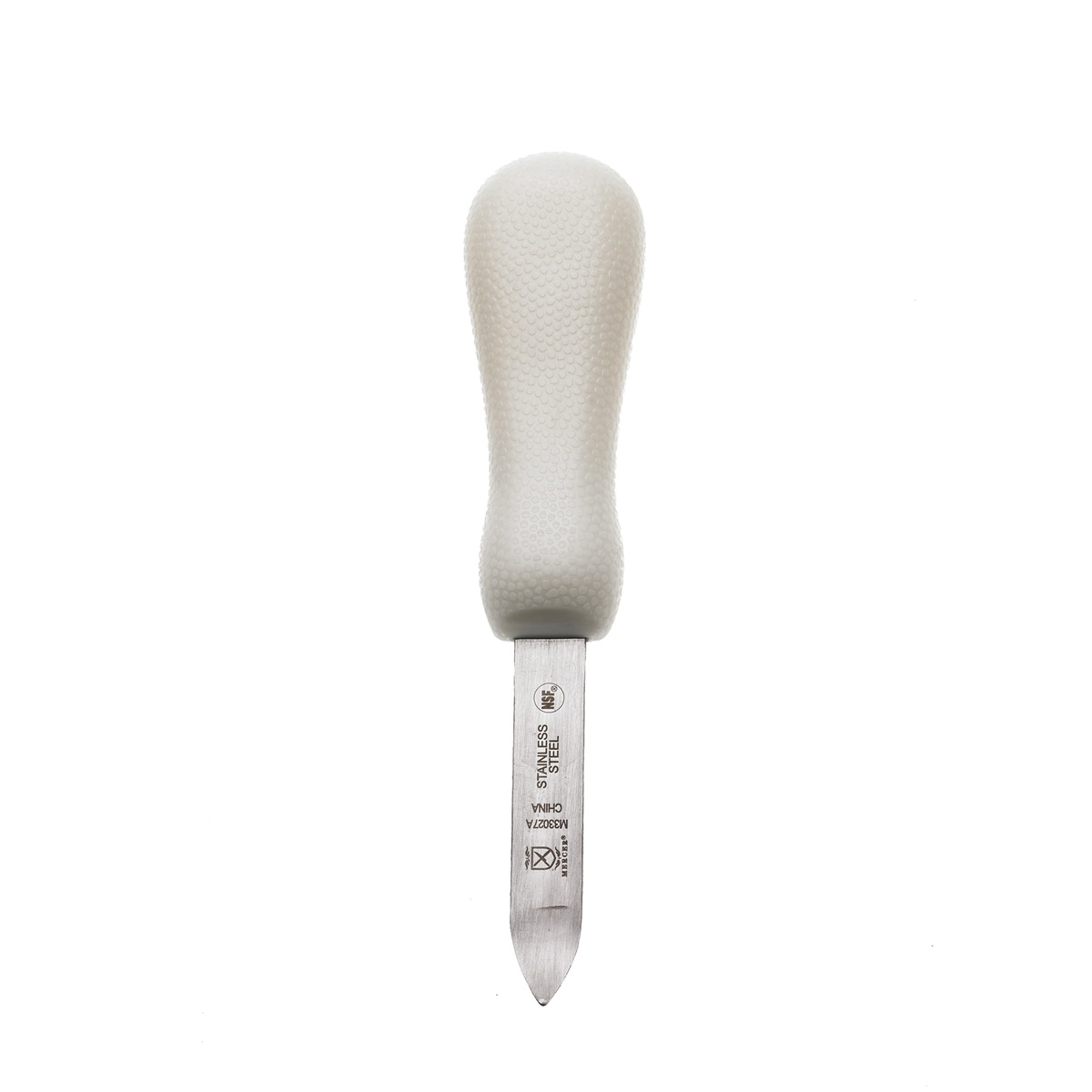 Top-down view of Mercer Culinary M33027A oyster knife showing white textured polypropylene handle and blade tip pointing downward