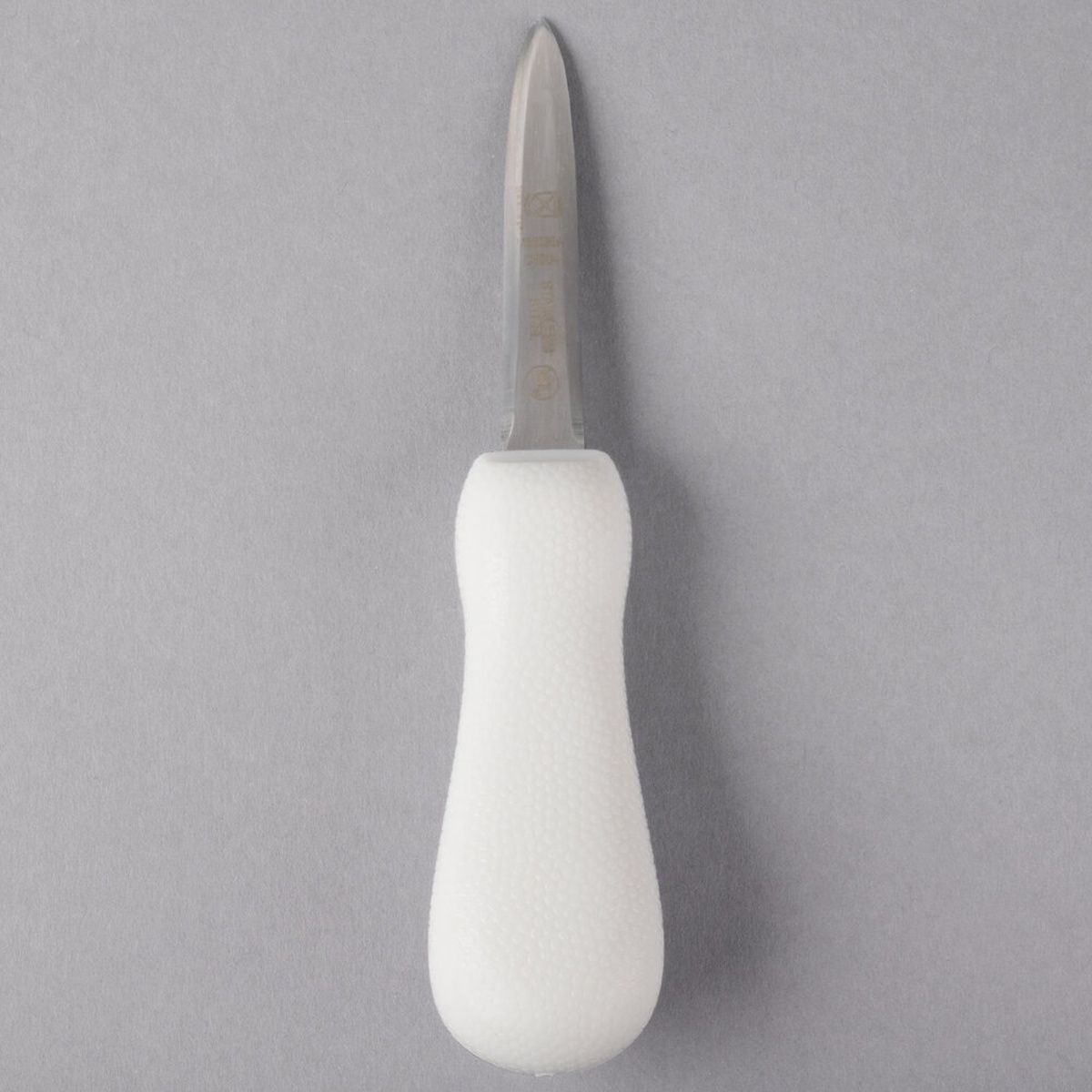 Mercer Culinary M33028A Boston-style oyster knife with white polypropylene handle and narrow stainless steel blade