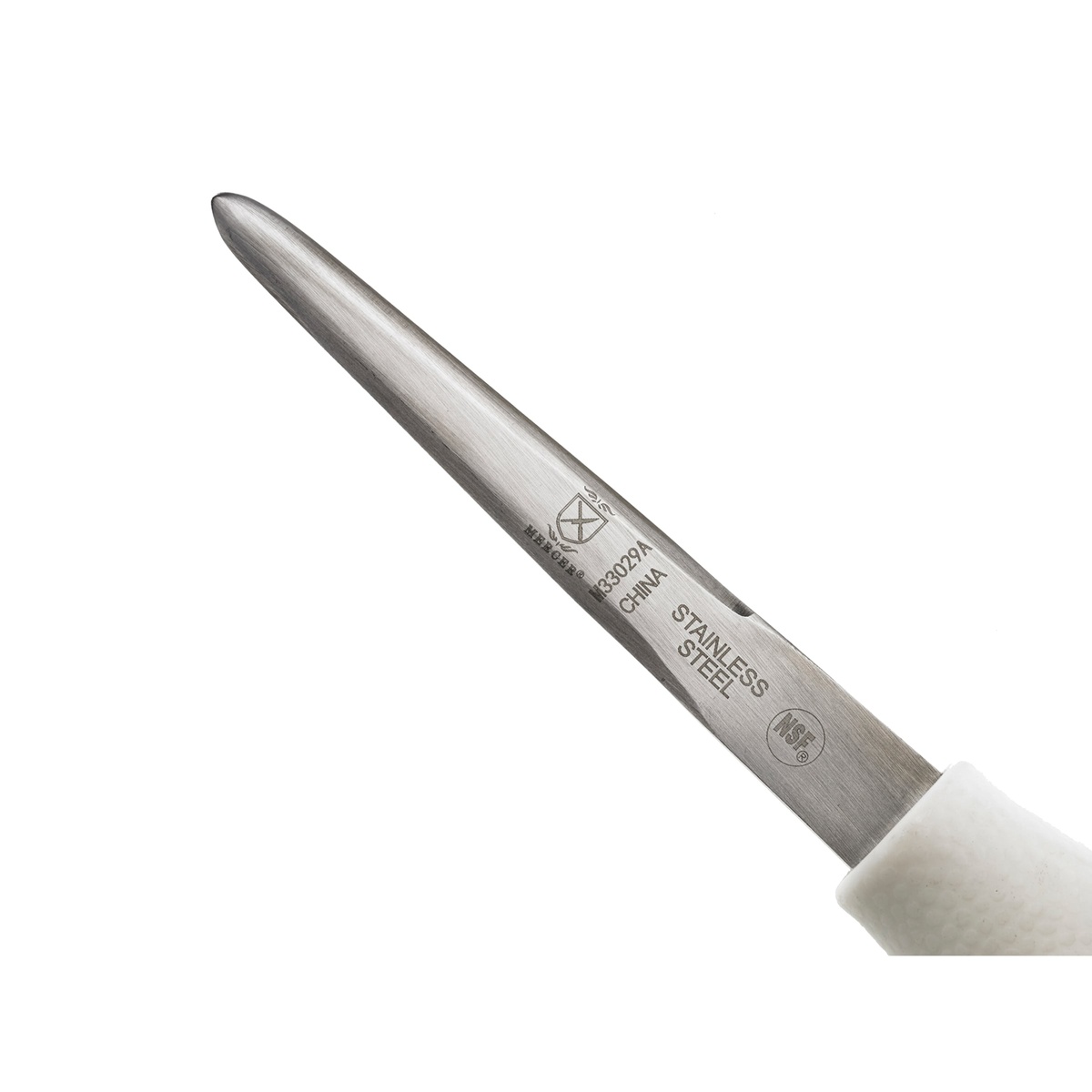 Close-up of the rounded tip of the Mercer Culinary M33029A oyster knife blade showing NSF stamp and model markings