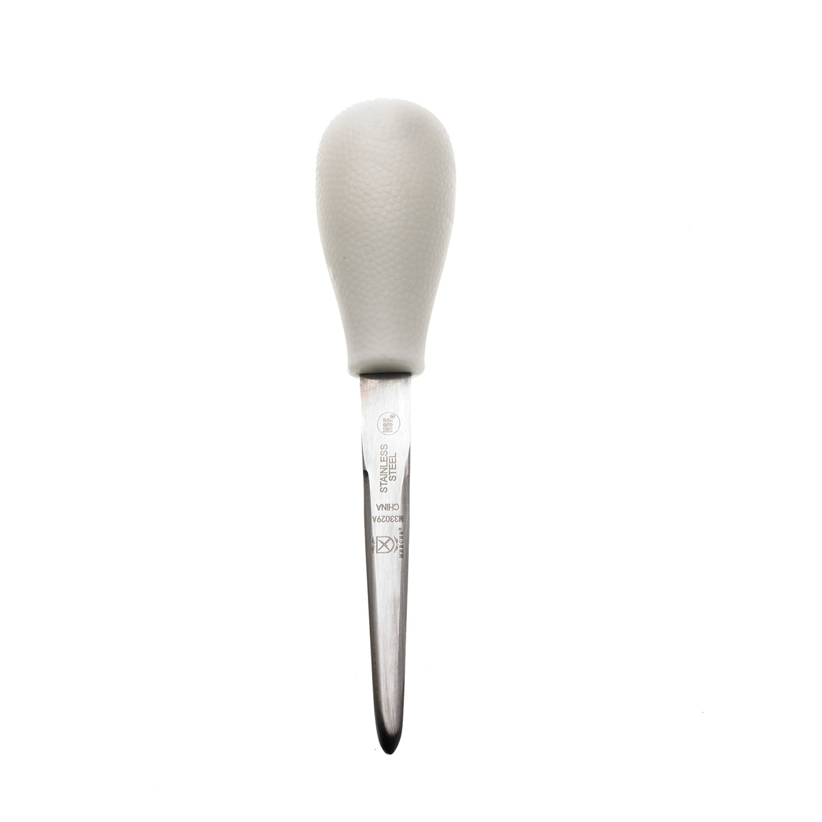 Mercer Culinary oyster knife viewed from above, showing blade and white polypropylene handle profile