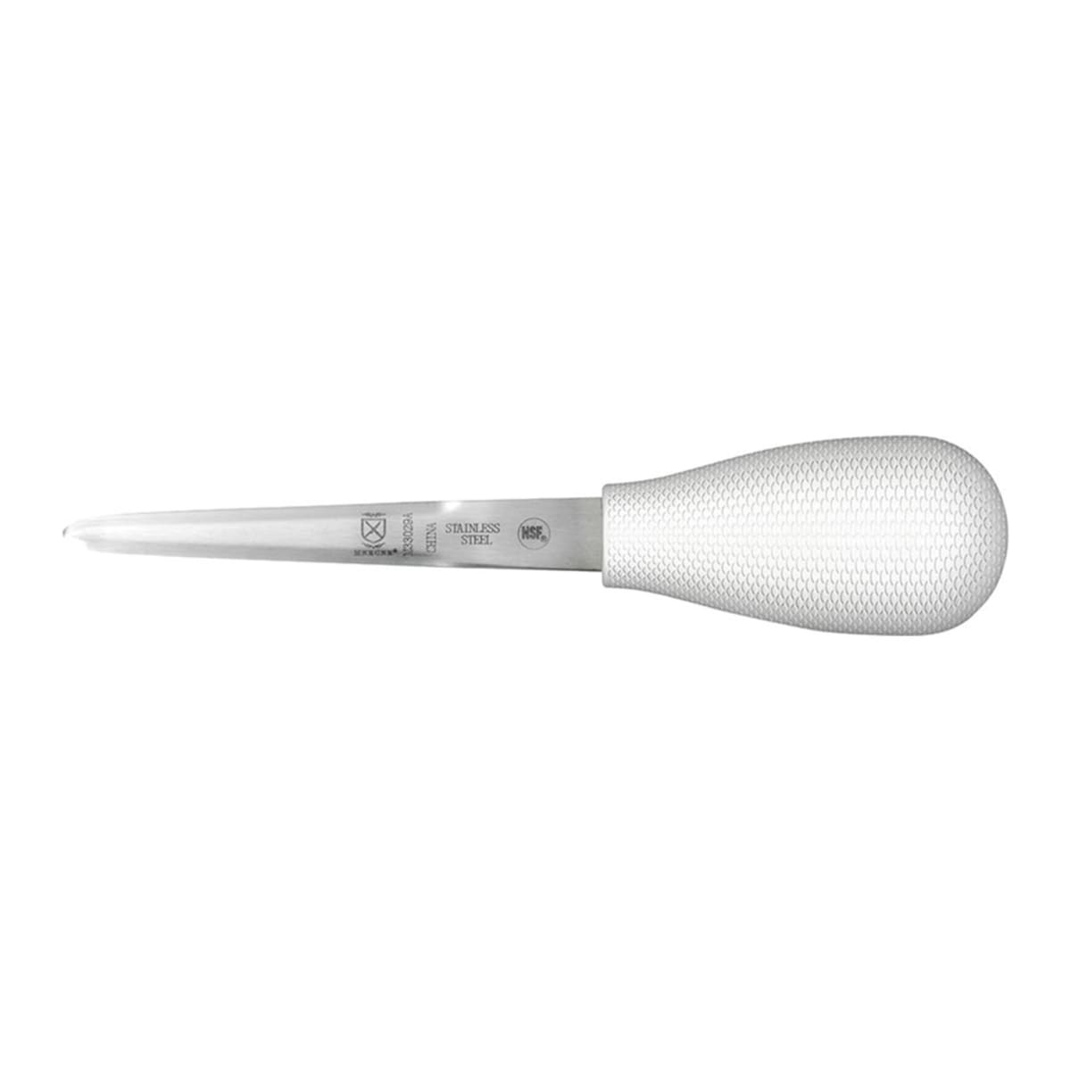 Mercer Culinary M33029A 4-inch Boston style oyster knife with white polypropylene handle, full side view