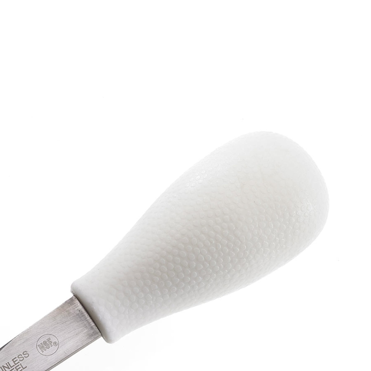 Close-up detail of the textured white polypropylene handle on the Mercer Culinary M33029A oyster knife
