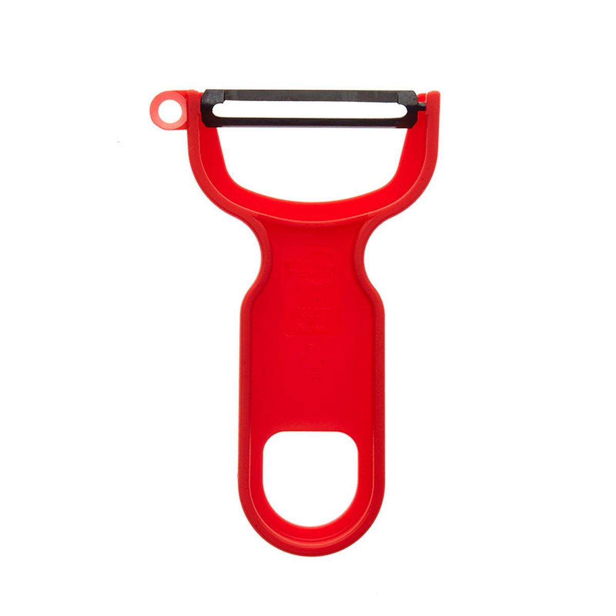 Mercer Culinary M33071RDB red Y peeler shown from the front, displaying the full Y-shaped frame and black high-carbon steel blade