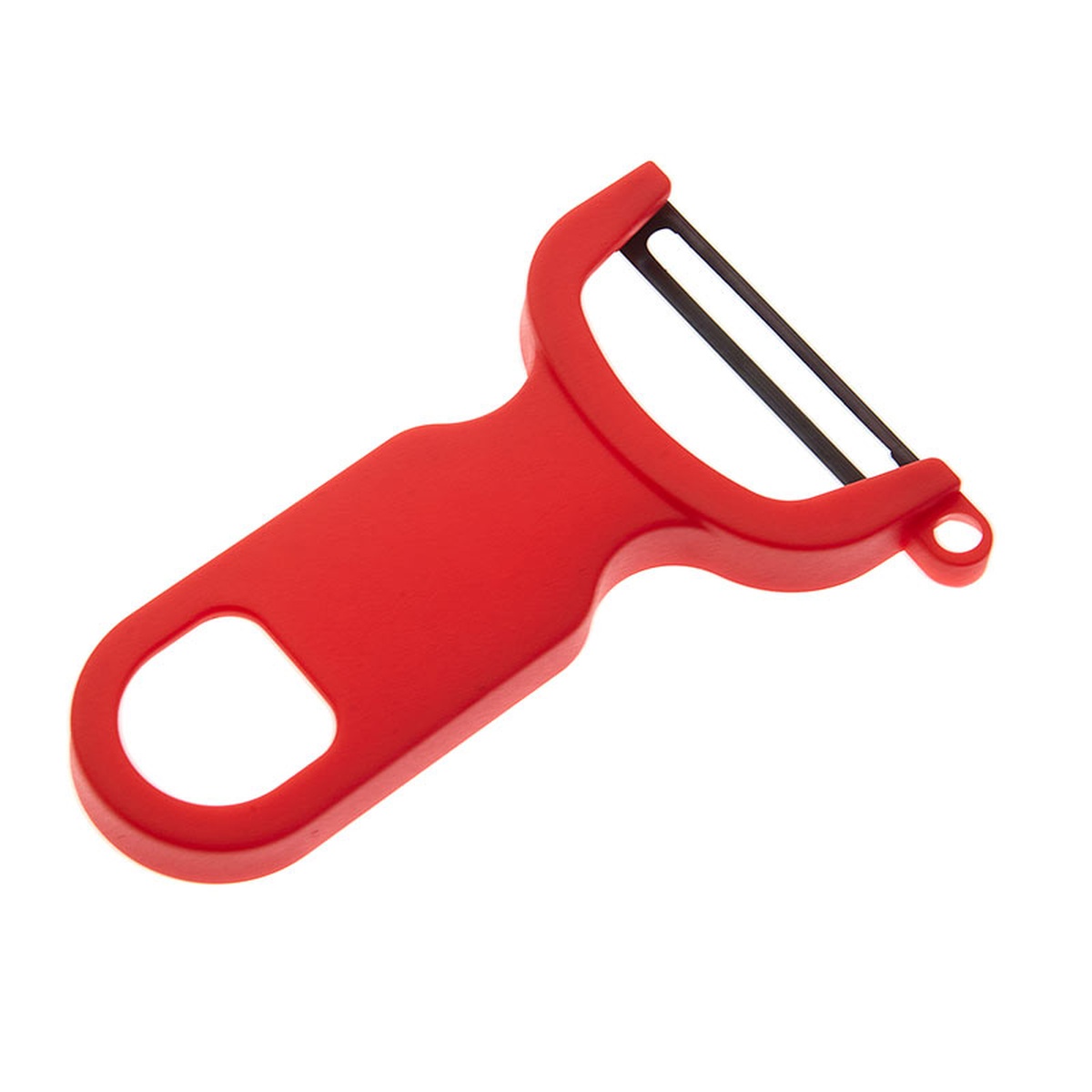 Mercer Culinary M33071RDB red Y peeler shown at an angle, highlighting the high-carbon steel blade and ergonomic red handle