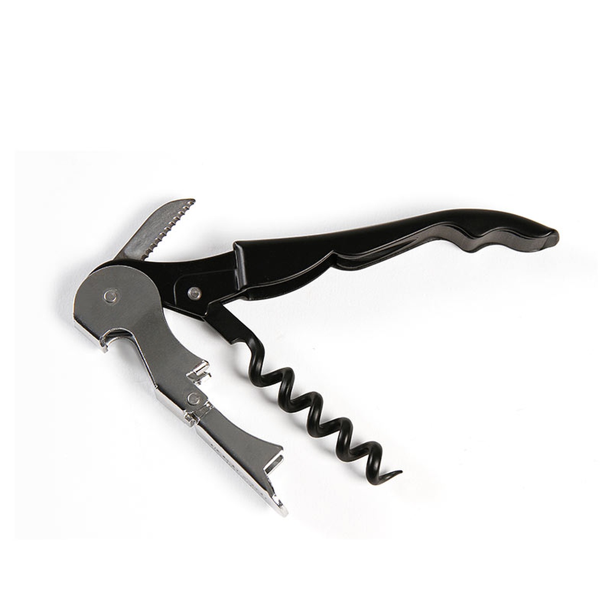 Mercer Culinary M33082P2 waiter's corkscrew with black handle, double lever hinge, serrated foil knife, and non-stick 5-turn worm