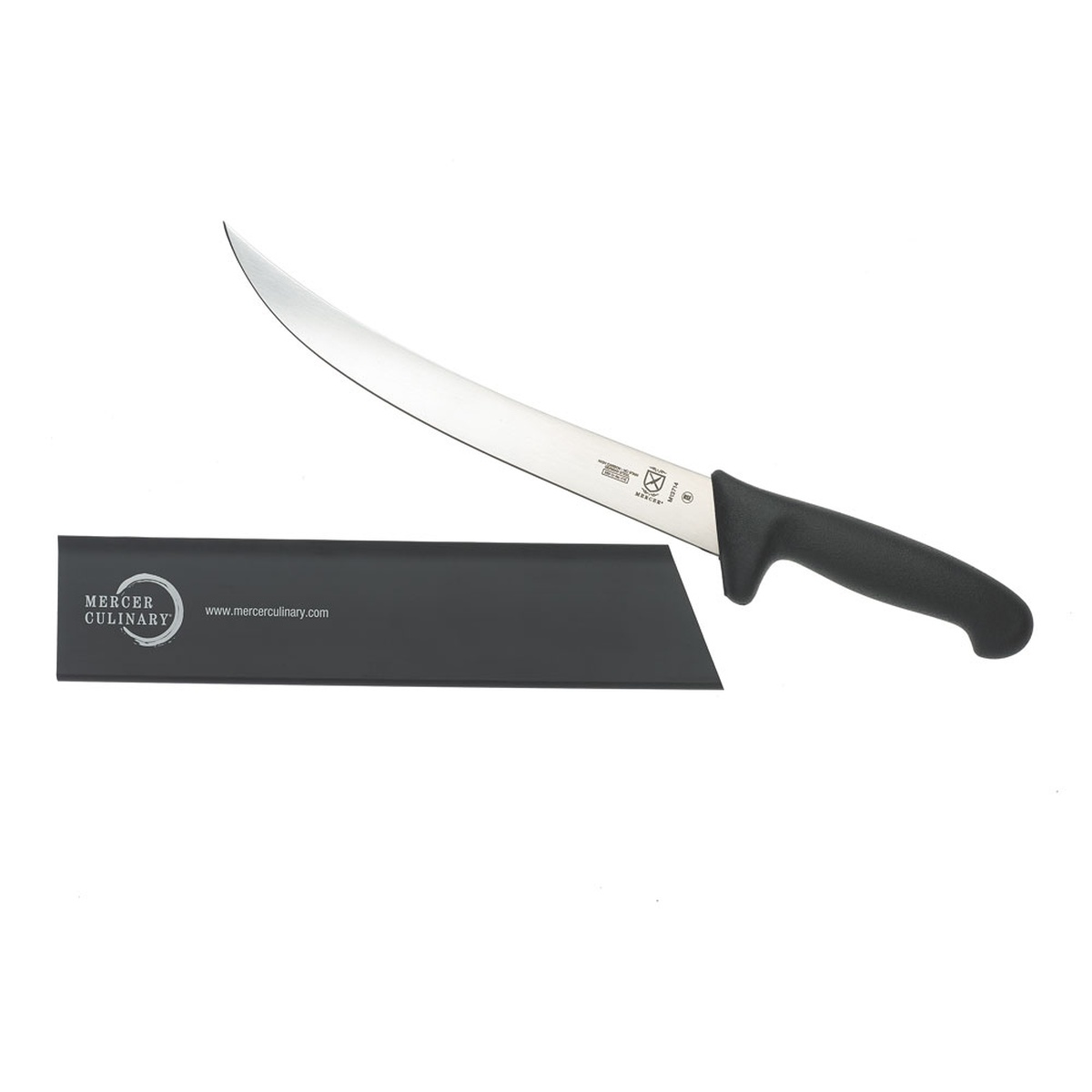 Mercer Culinary M33125P black knife guard displayed alongside a cimeter knife on white background