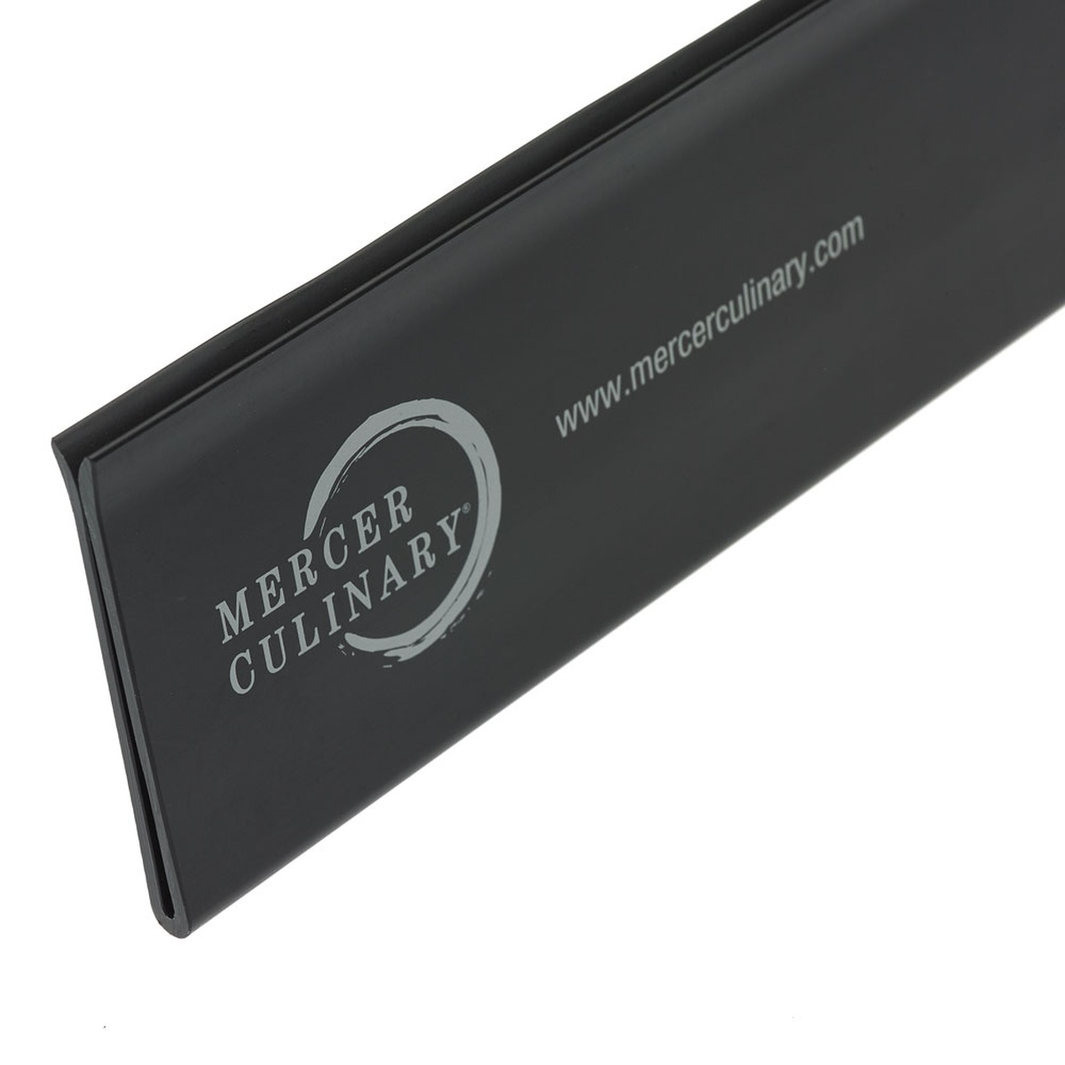 Close up detail of the Mercer Culinary logo on the knife guard