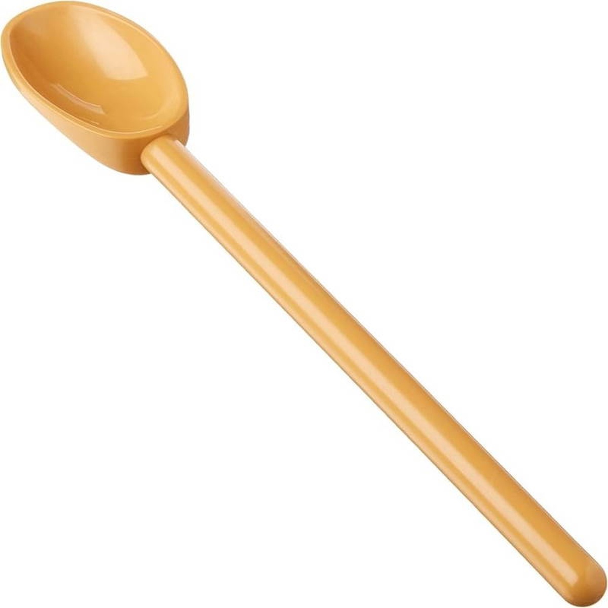 Mercer Culinary Hell's Tools tan mixing spoon, angled side view showing deep bowl and long handle