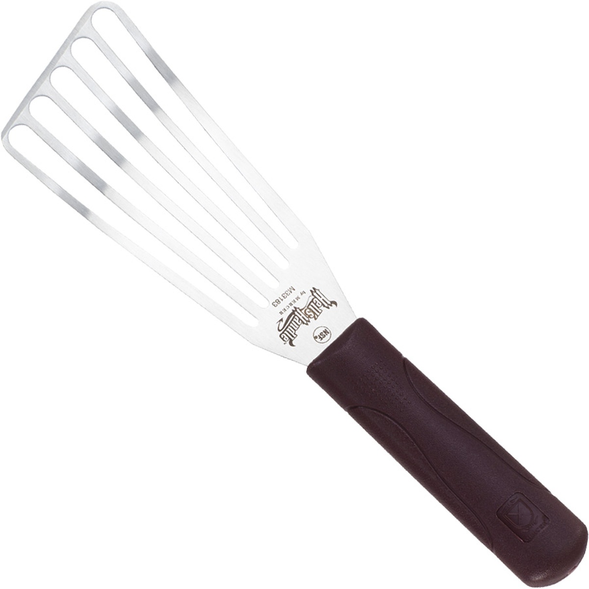 Mercer Culinary Hell's Handle Fish Turner M33183 shown at an angle highlighting the full slotted blade and handle profile