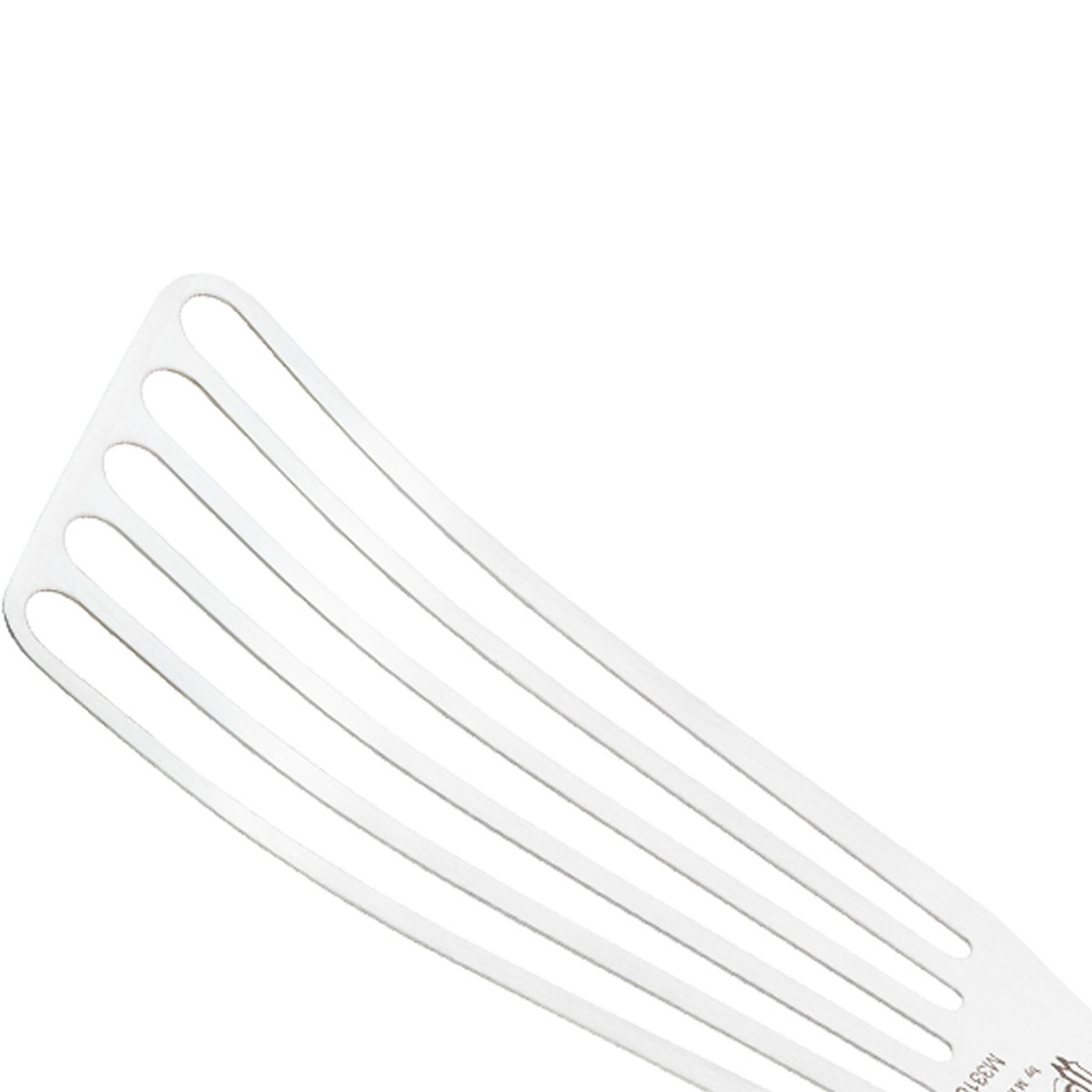 Close-up of the Mercer Culinary Hell's Handle fish turner precision-ground stainless steel slotted blade tip