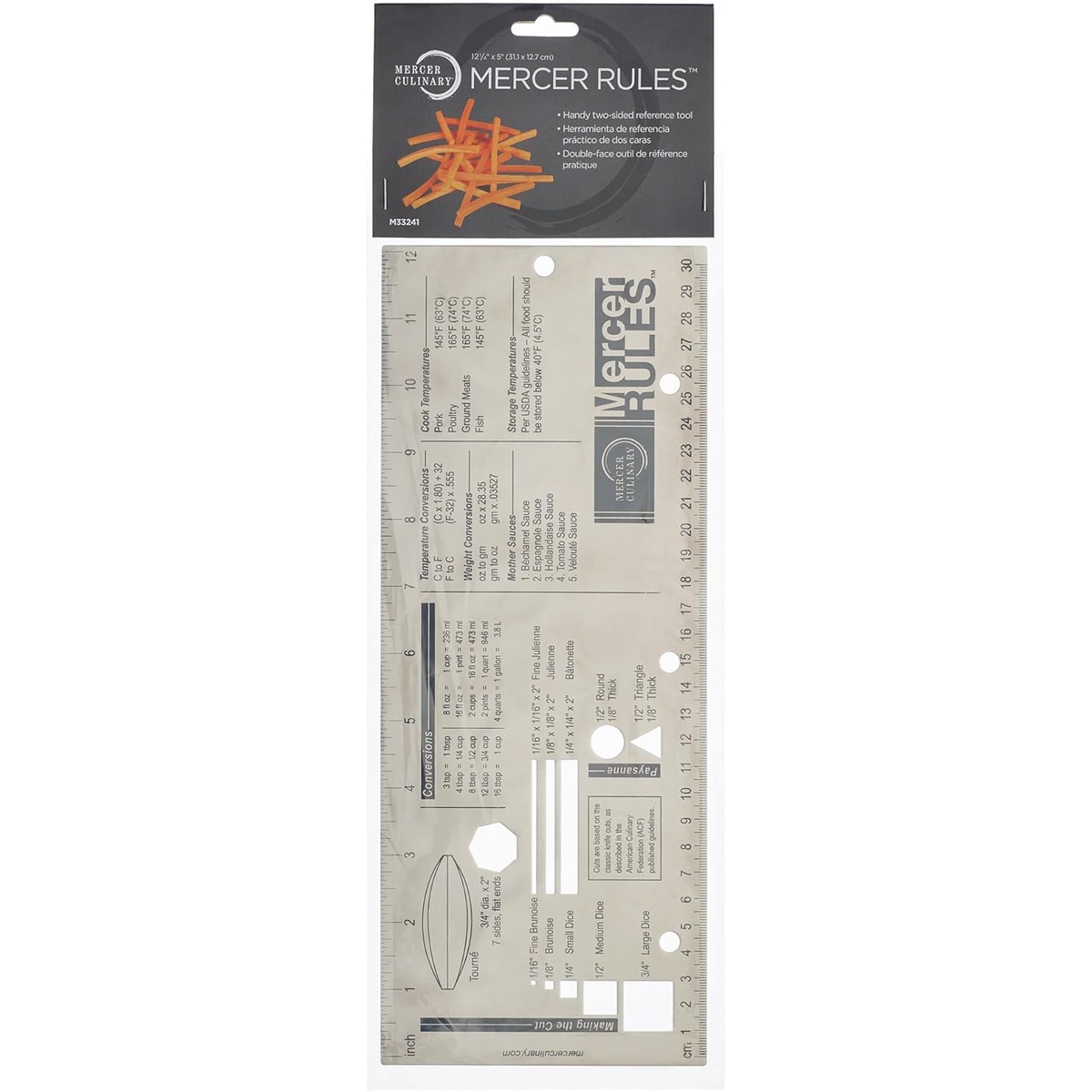 Mercer Rules culinary ruler shown in retail packaging card displaying product dimensions of 12-1/4 inches by 5 inches