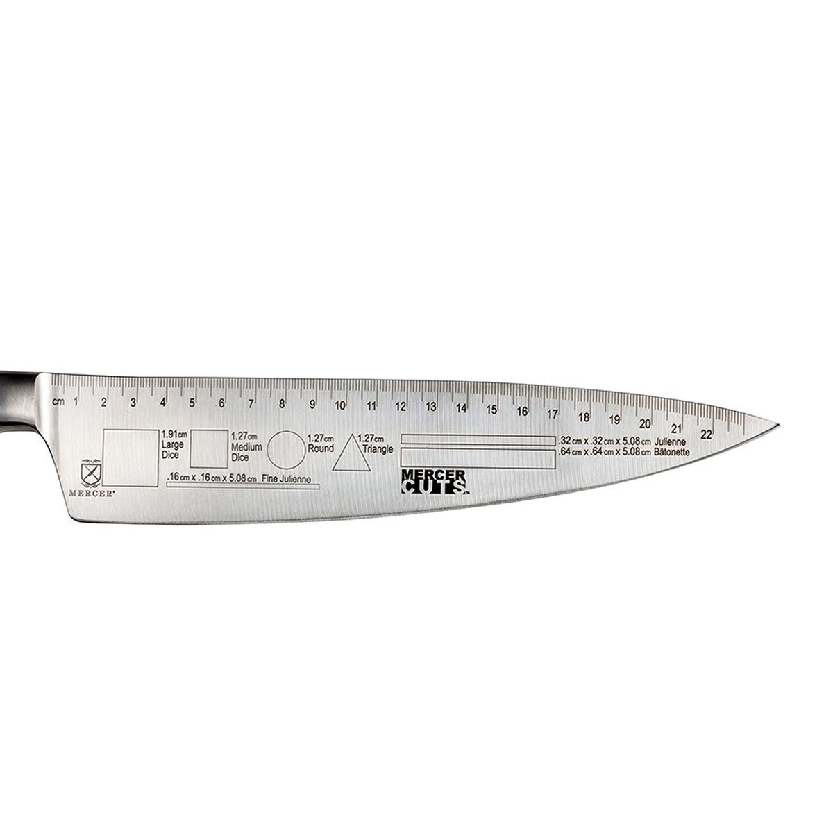 Detailed view of the etched shapes and measurements on the knife blade tip