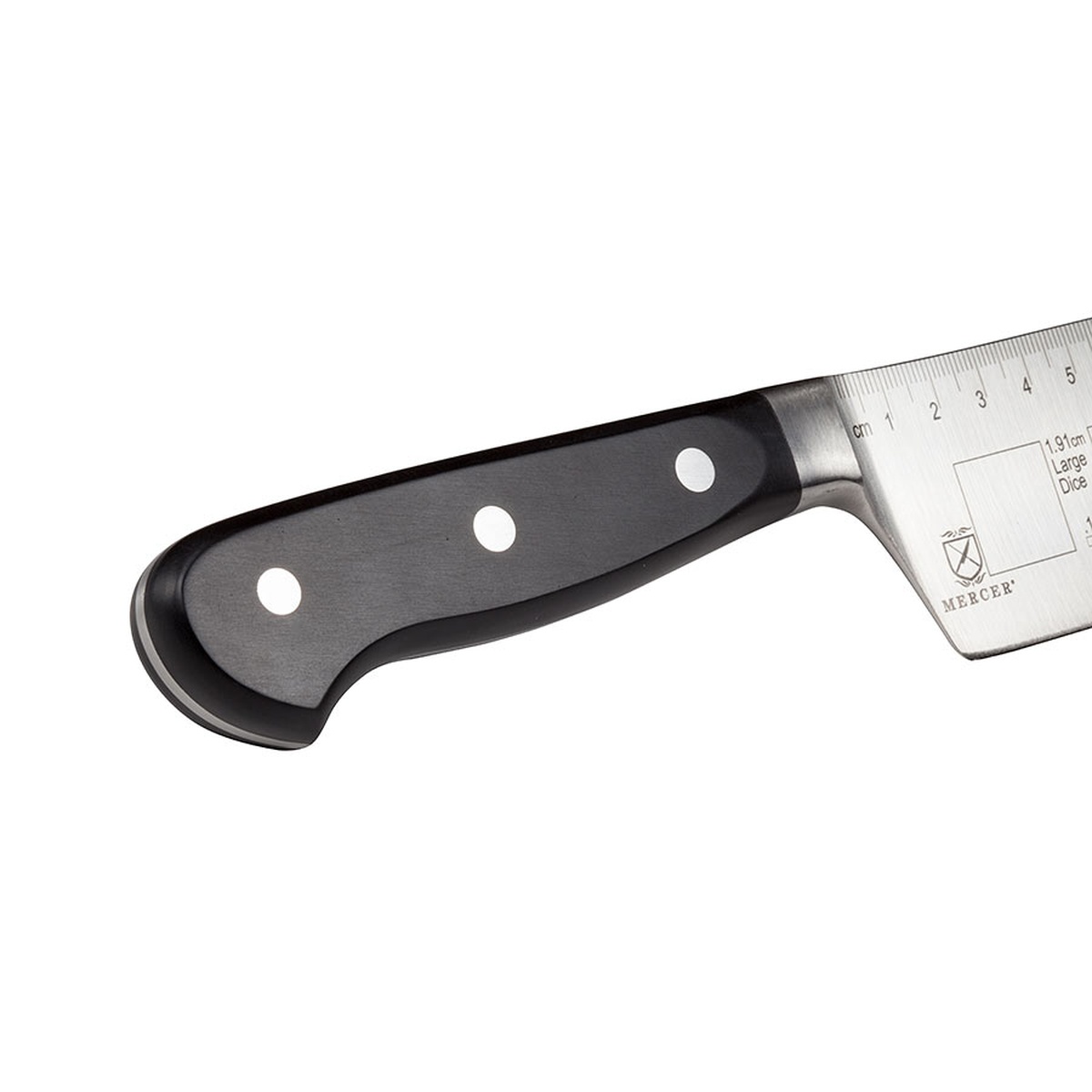 Close up of the triple riveted black Delrin handle on a Mercer knife