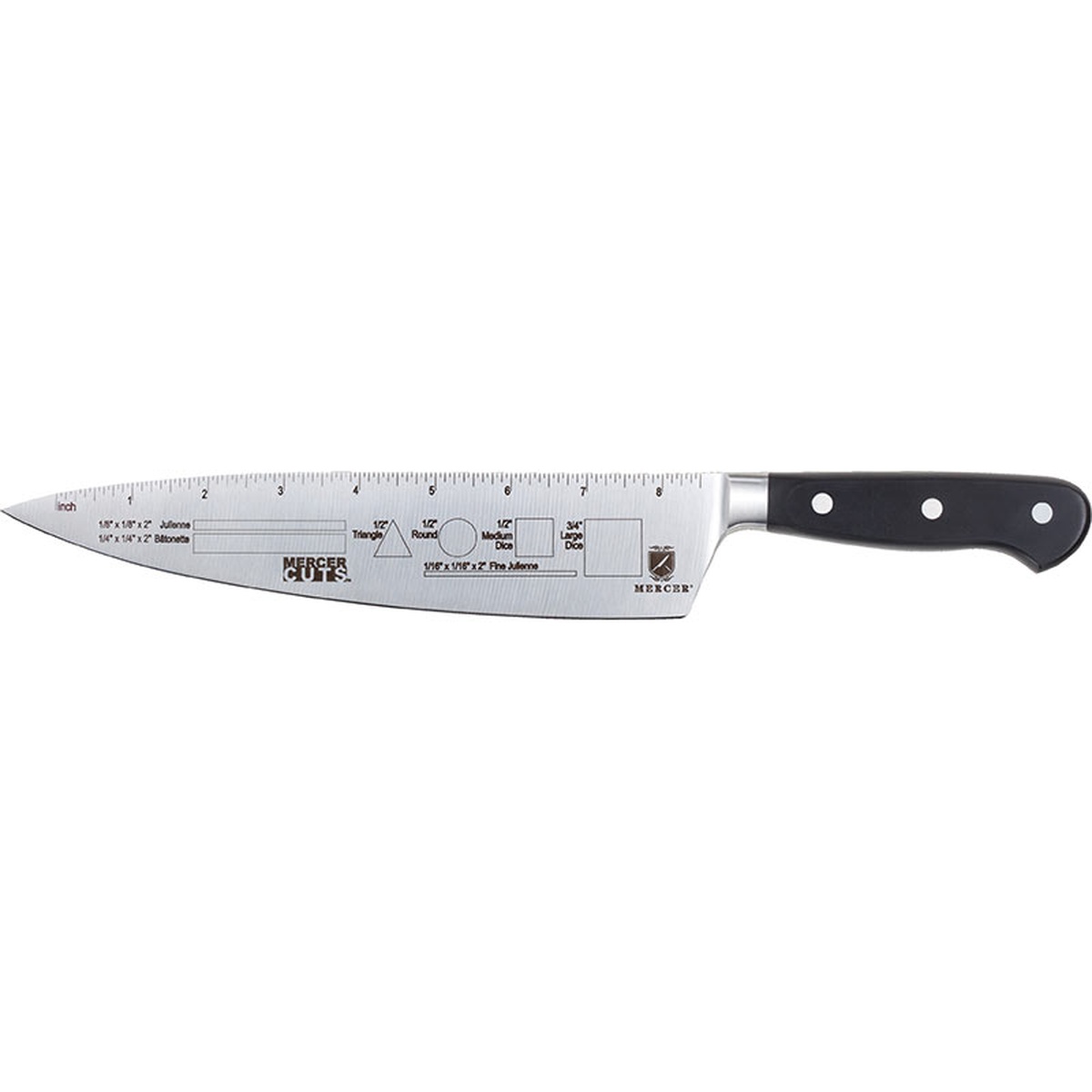 Mercer Culinary 9 inch Competition Knife showing US measurement etchings