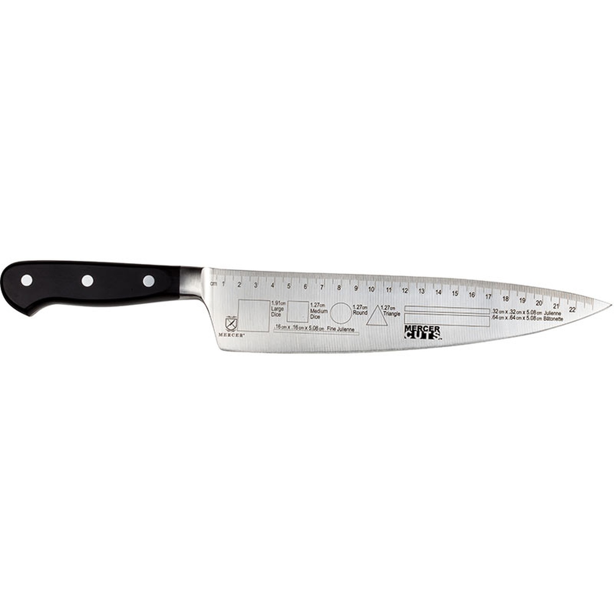 Mercer Culinary 9 inch Competition Knife showing metric measurement etchings