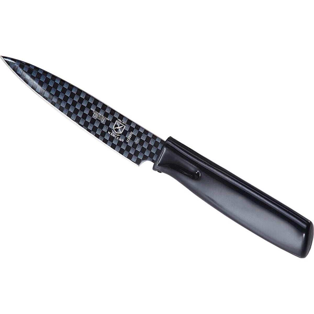 Mercer Culinary M33910B 4-inch non-stick paring knife shown at an angle, with black ABS sheath partially covering the handle