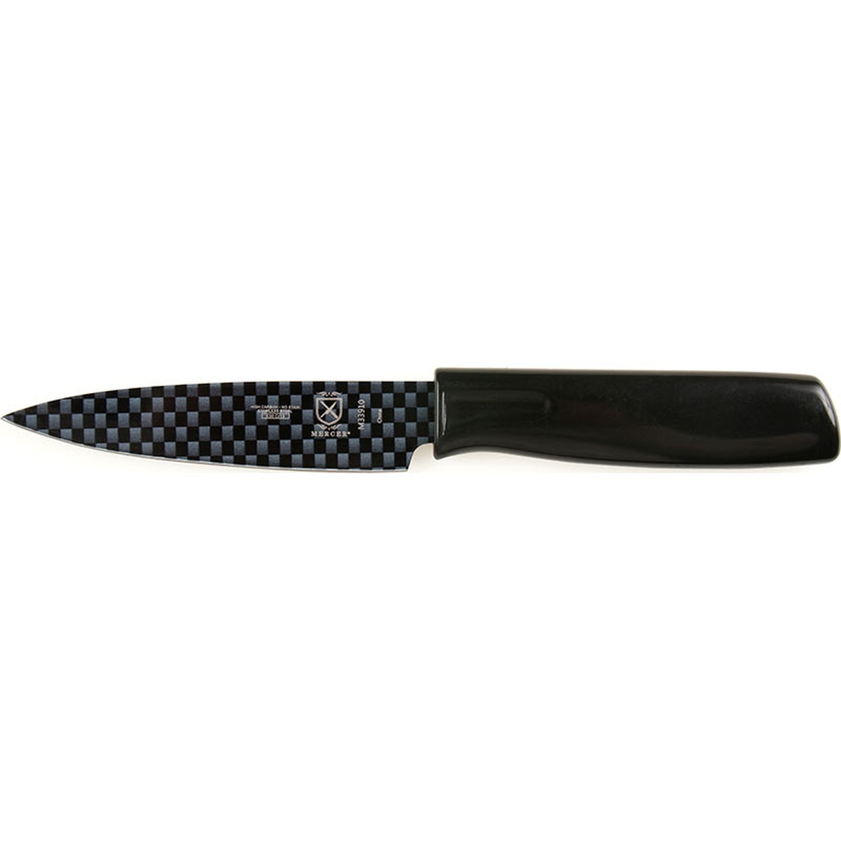 Mercer Culinary M33910B 4-inch non-stick paring knife with black checkered blade pattern and black ABS handle, side view