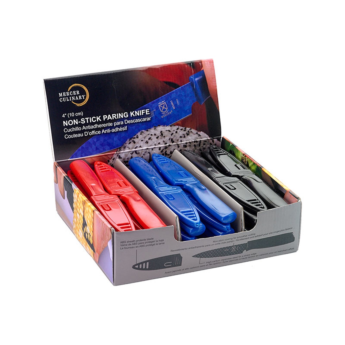 Mercer Culinary non-stick paring knives in a display box showing red, blue, and black options