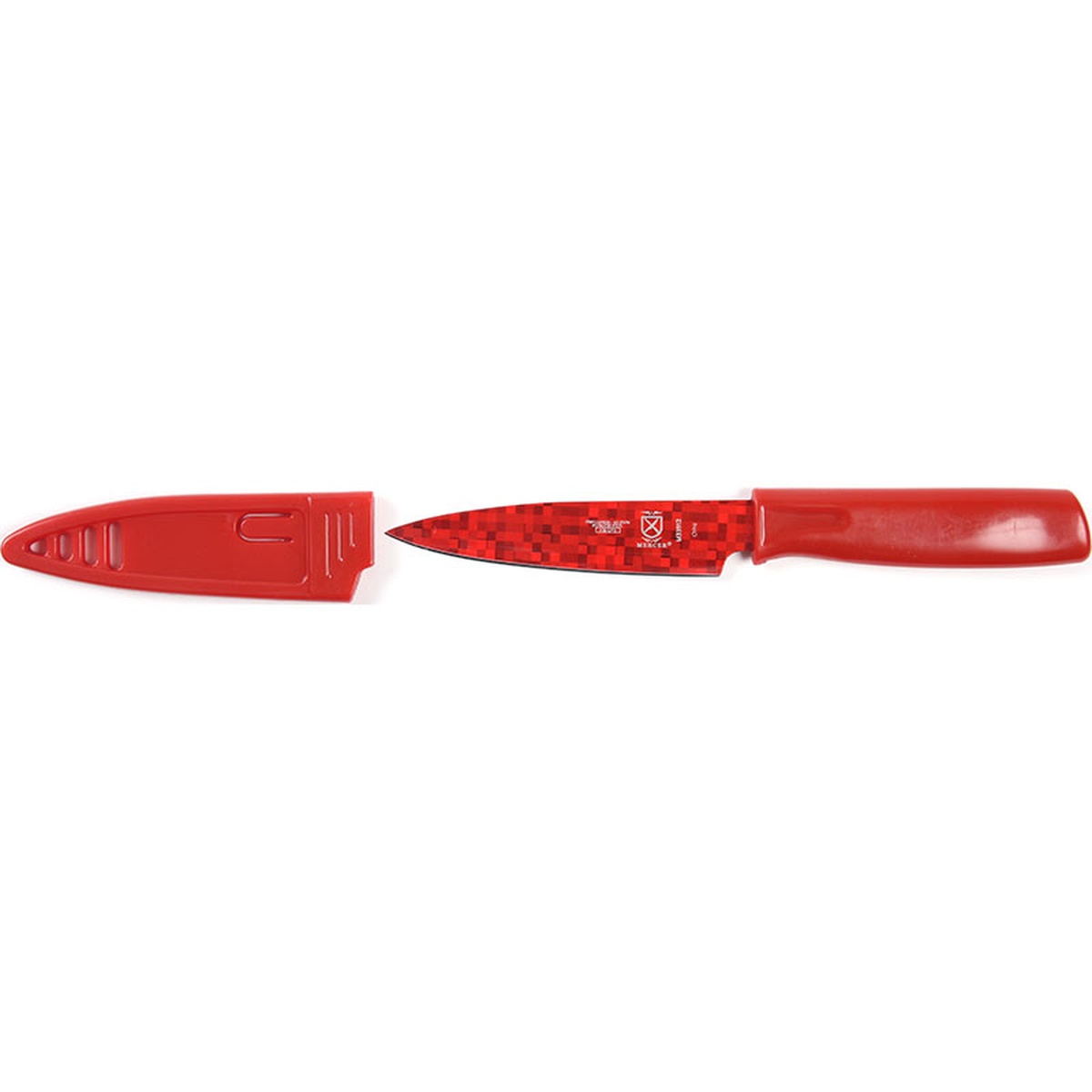 Red paring knife shown next to its matching protective ABS sheath
