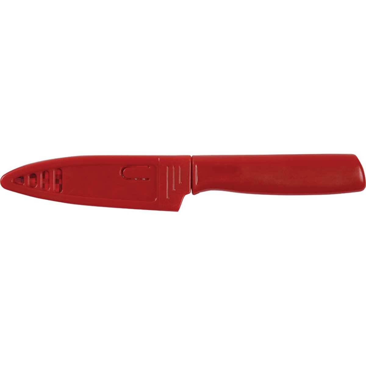 Red paring knife securely stored inside its protective red sheath
