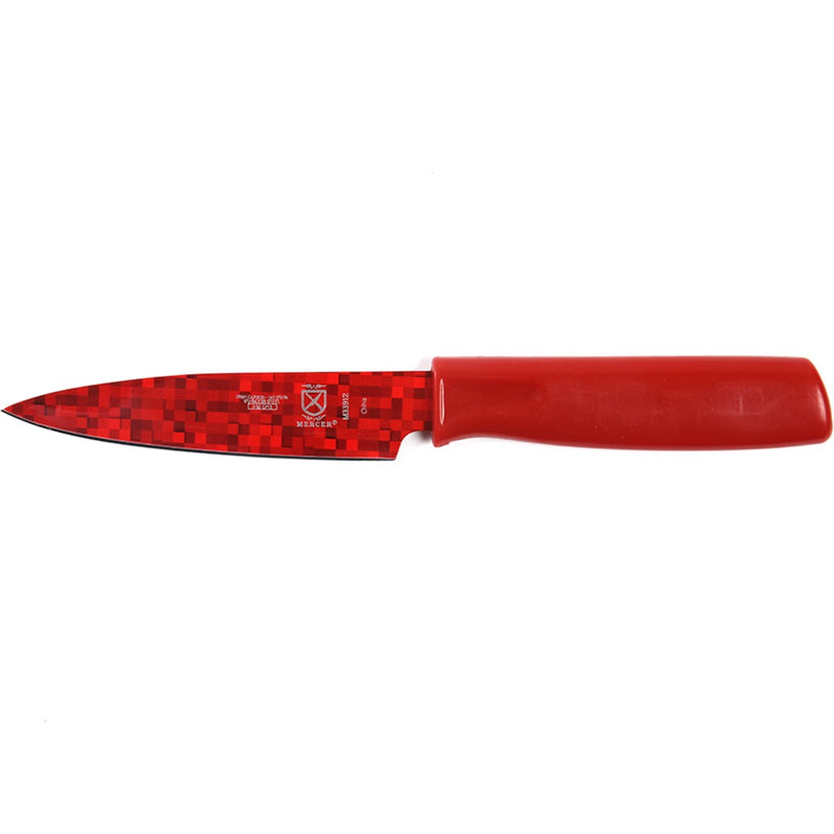 Mercer Culinary 4 inch red non-stick paring knife with matrix print blade