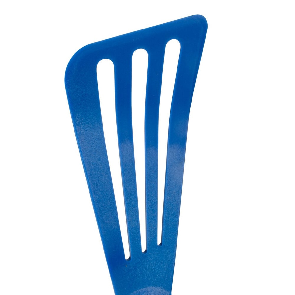 Close-up of the slotted blade on the Mercer Culinary blue high-temperature spatula
