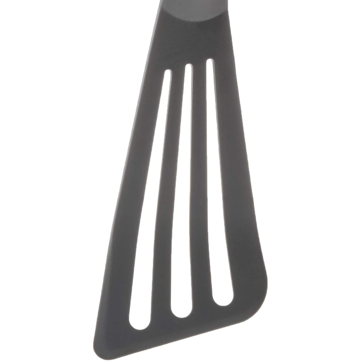 Close-up of Mercer Culinary Hell's Tools gray spatula slotted blade detail showing beveled edge and slots