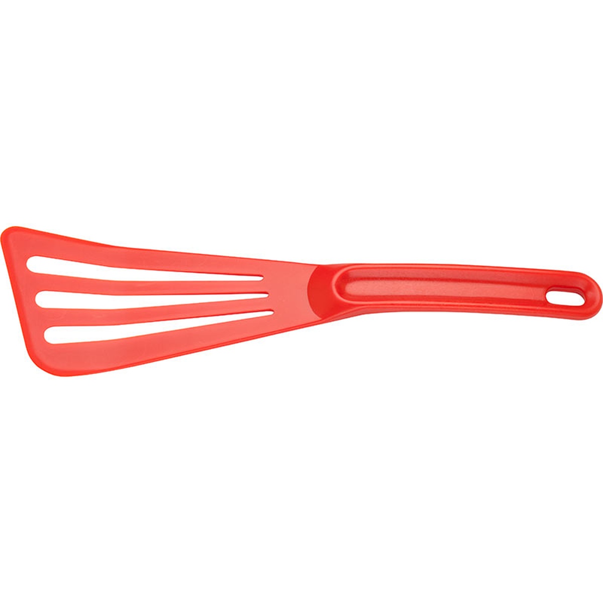 Full view of the Mercer Culinary red 12 inch slotted spatula