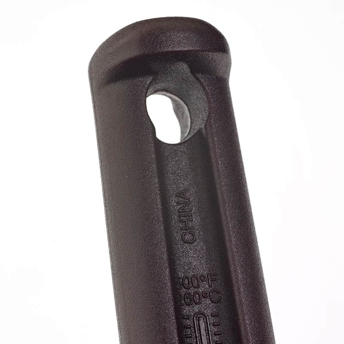 Close-up of the burgundy nylon handle end showing the hanging hole and 500°F/260°C heat rating molded into the handle