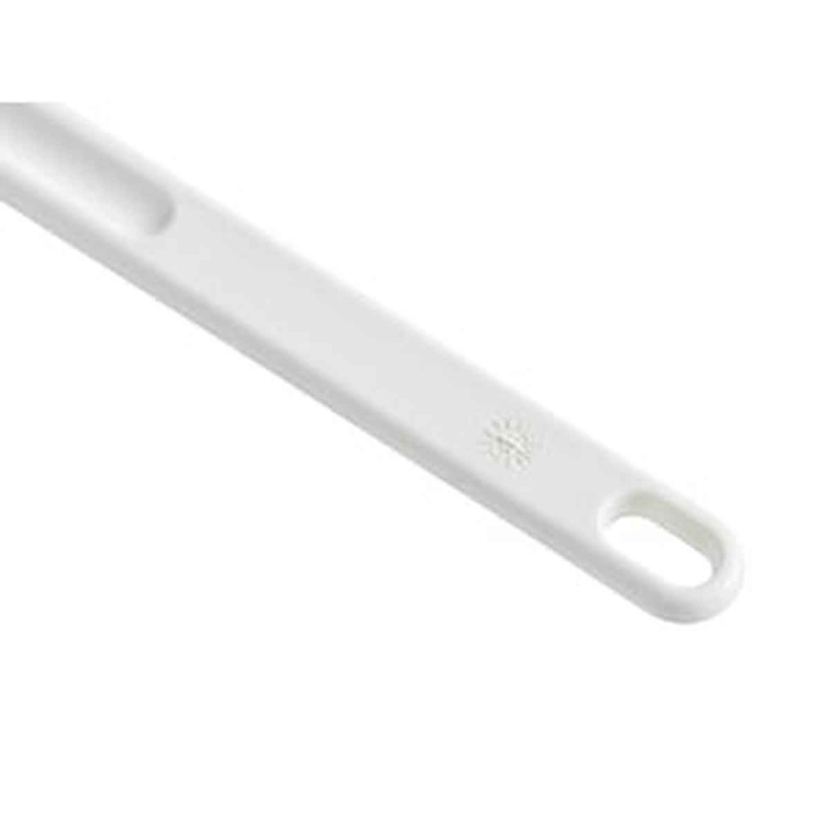Close-up of the indented handle and hanging hole on the Mercer Culinary spootensil