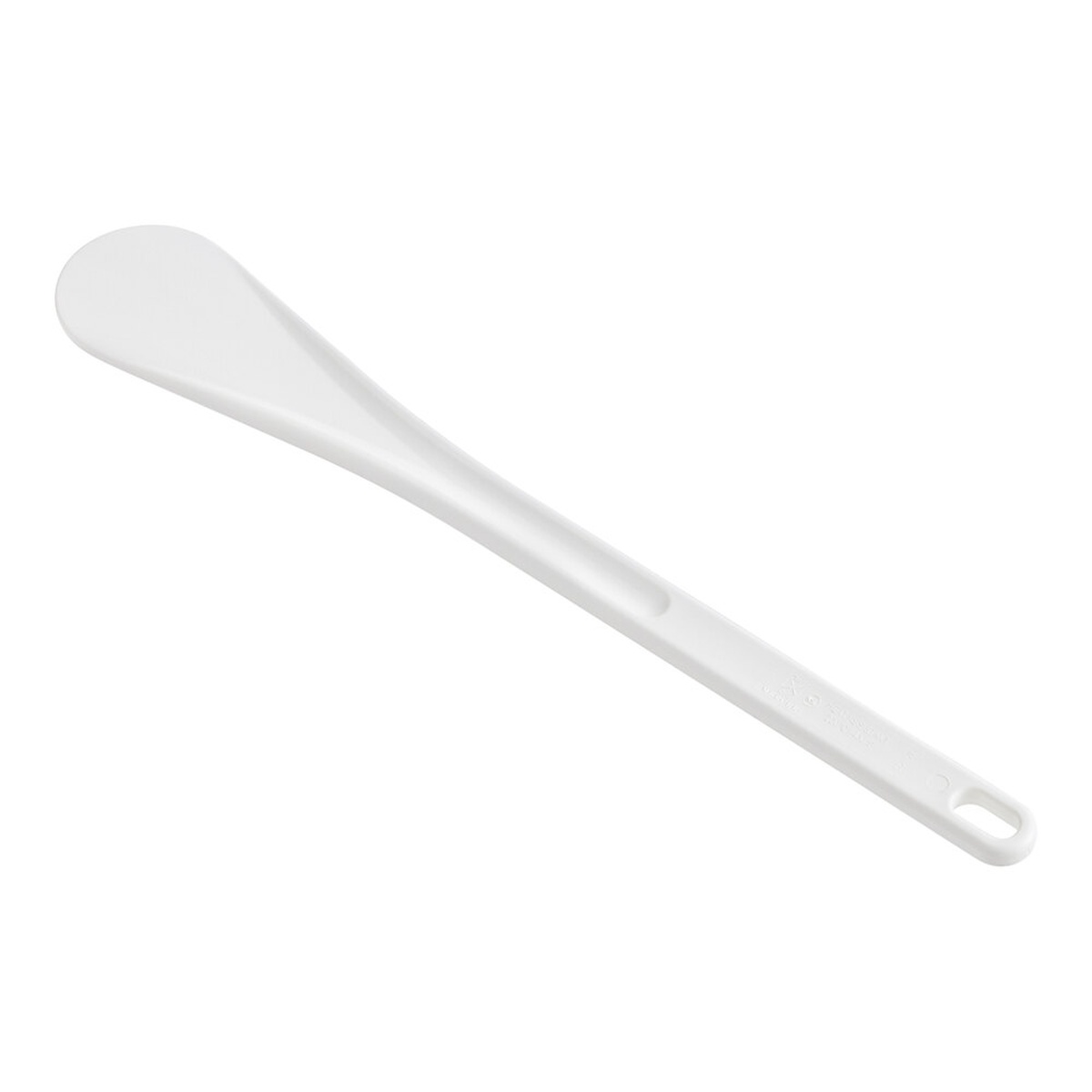 Full view of the Mercer Culinary white 13.75 inch high temperature spootensil with hanging hole