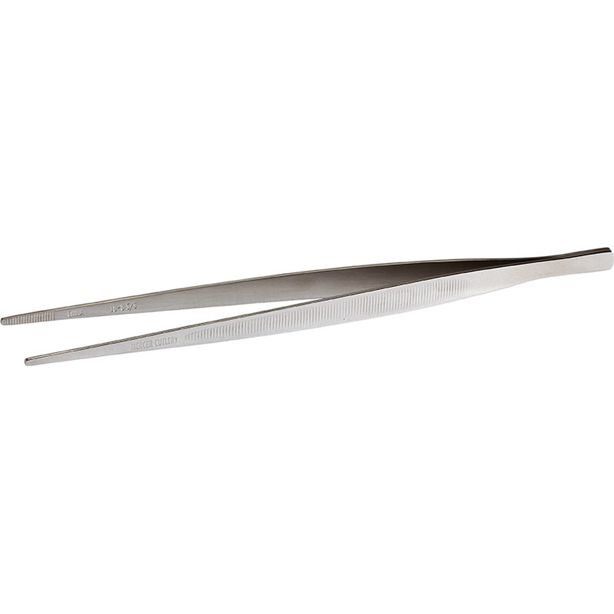 Mercer Culinary M35130 9 3/8-inch straight precision plating tongs in stainless steel