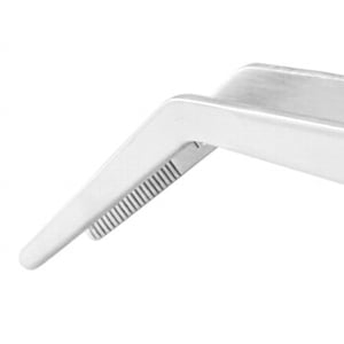 Close-up of the serrated curved tip ends on the Mercer Culinary precision plating tongs