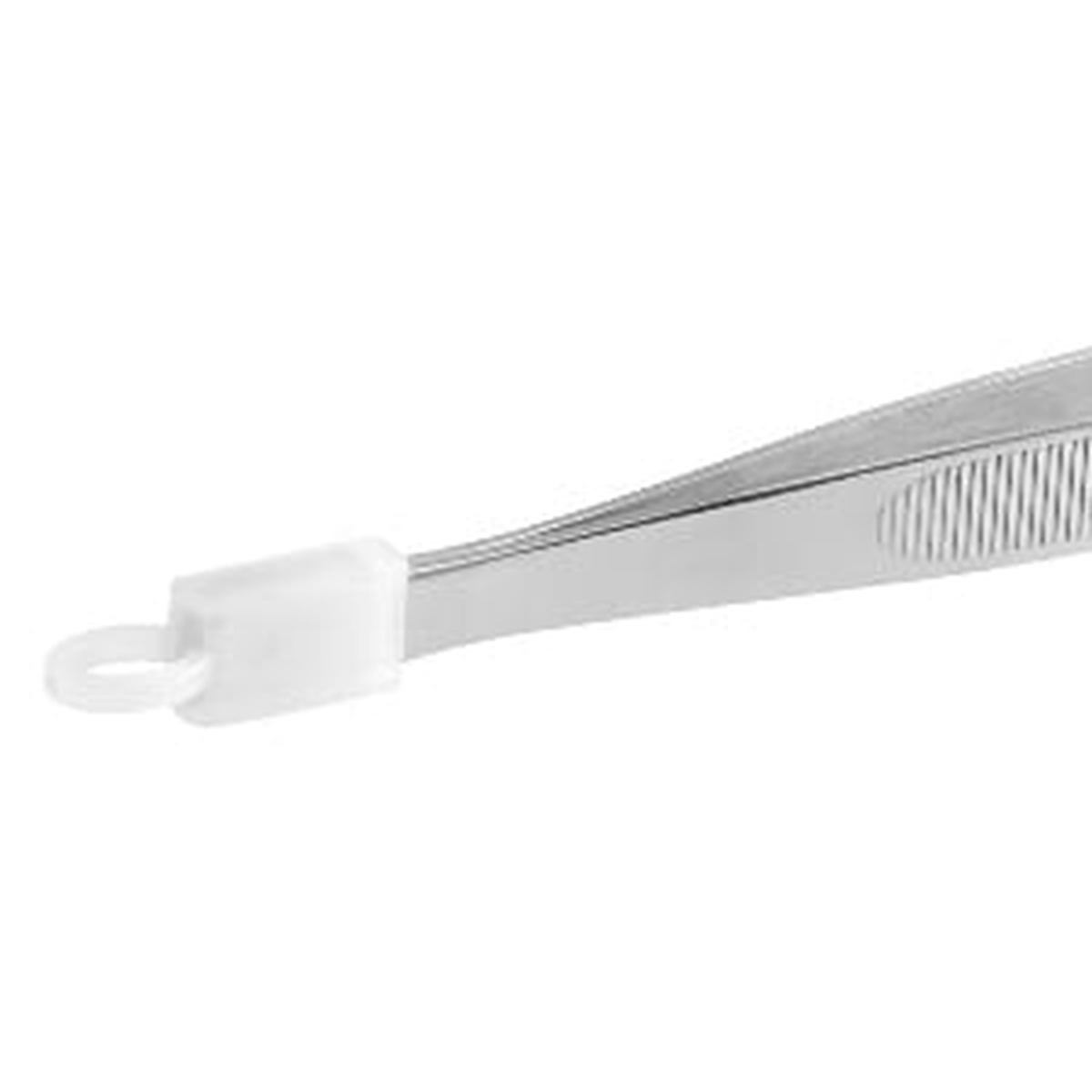 Close-up of the raised grip texture and clasp on the Mercer Culinary plating tongs handle