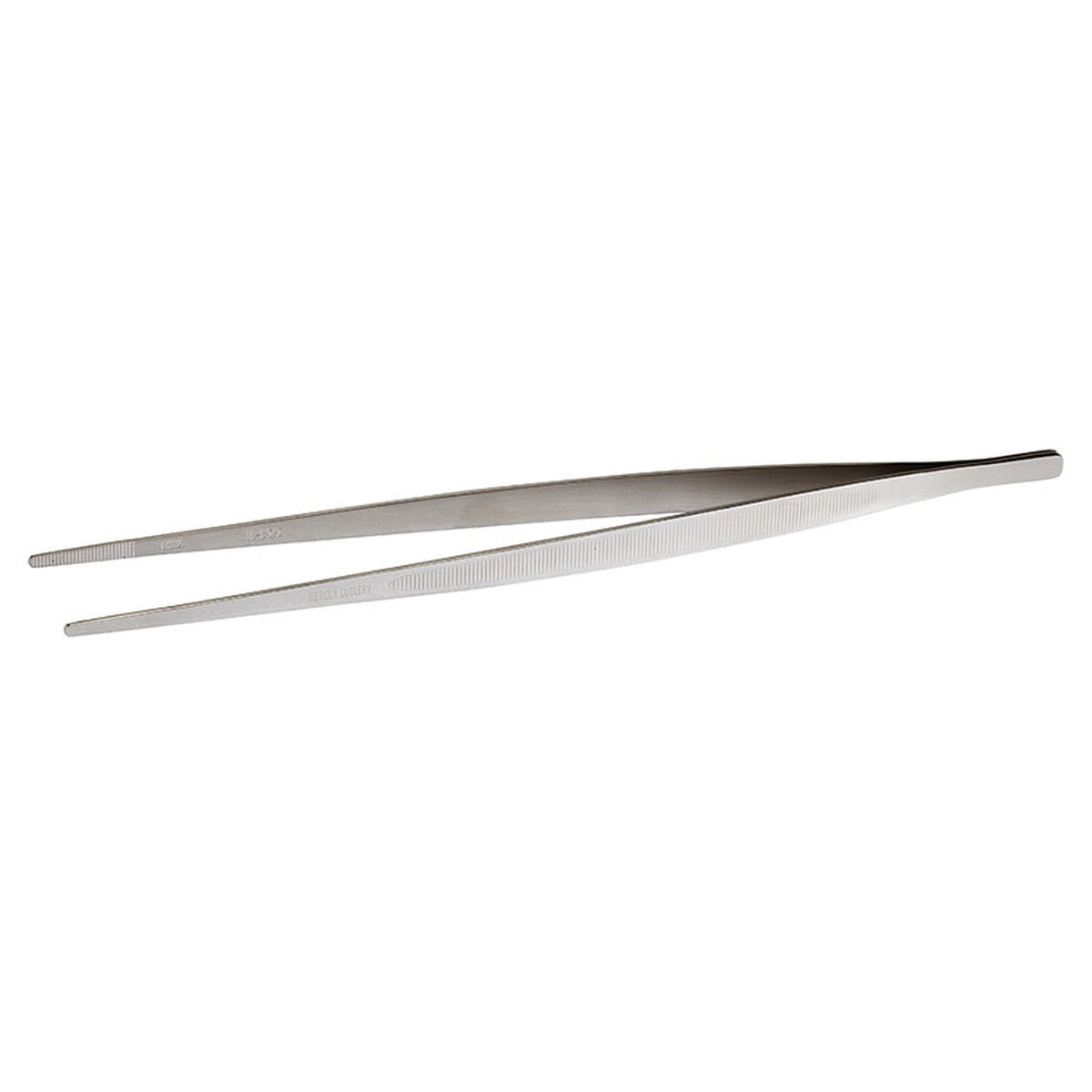 Mercer Culinary M35132 11 3/4 inch straight precision plating tongs in stainless steel with mirror finish